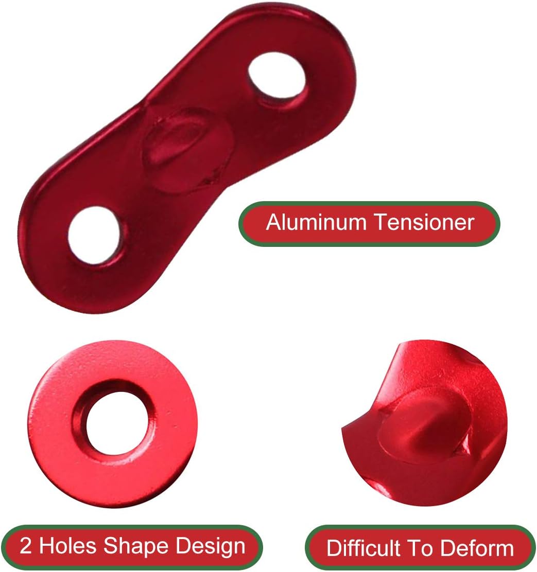 Red aluminium alloy tensioner infographic captioned 2 Holes Shape Design and Difficult To Deform