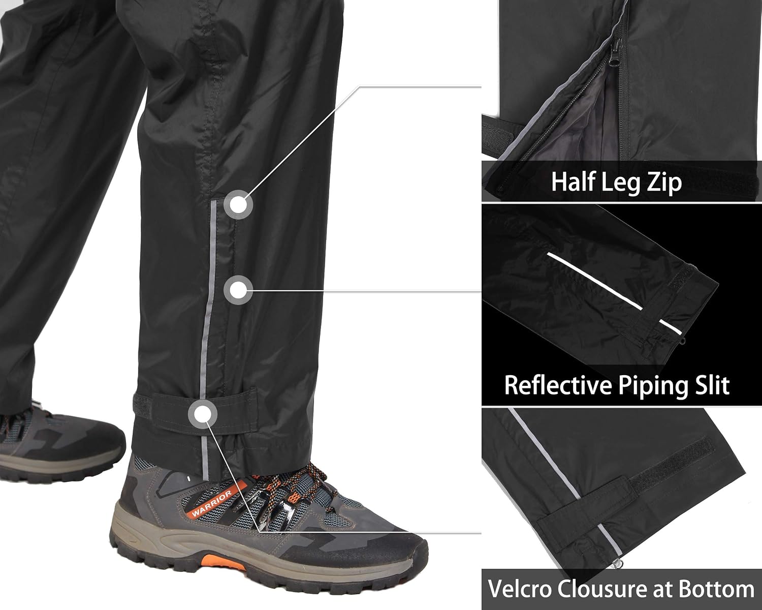 Detail shots of the half-length leg zip, reflective piping and velcro ankle closure