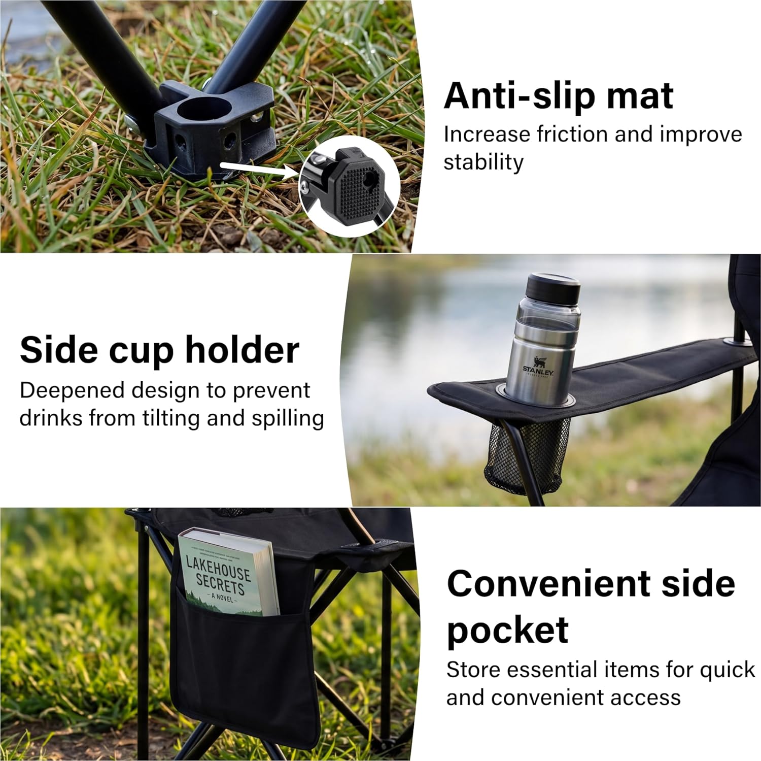 Listing panel showing the anti-slip feet, the deepened mesh cup holder holding a flask, and the side pocket with a paperback inside