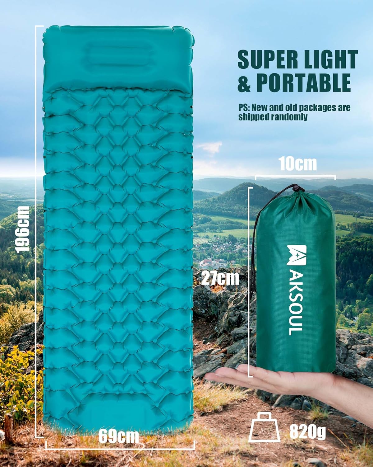 Diagram showing the AKSOUL mat's 196cm length, 69cm width, 820g weight and 27cm packed size next to its carry sack