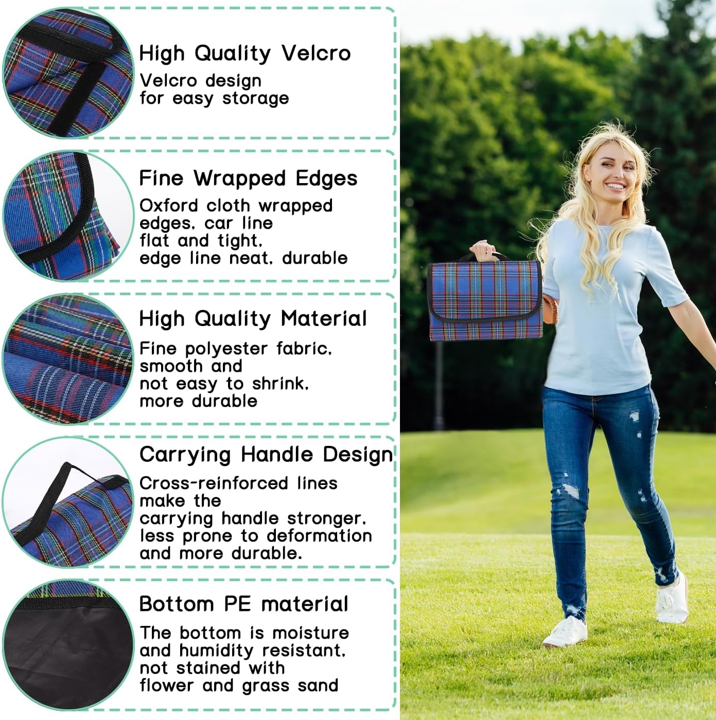 Listing infographic showing the velcro flap, wrapped oxford edges, cross-stitched carry handle and black PE bottom of the SOMIYAMI picnic mat