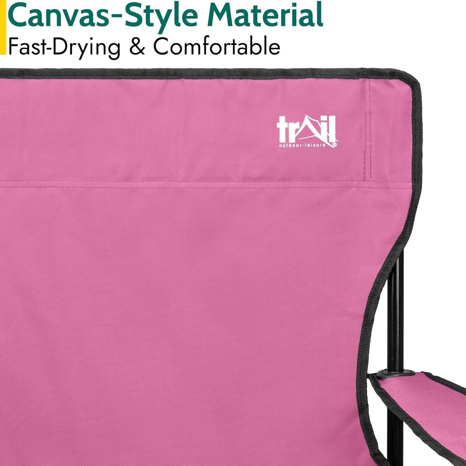 Close-up of the pink canvas-style polyester back panel with the Trail outdoor leisure logo