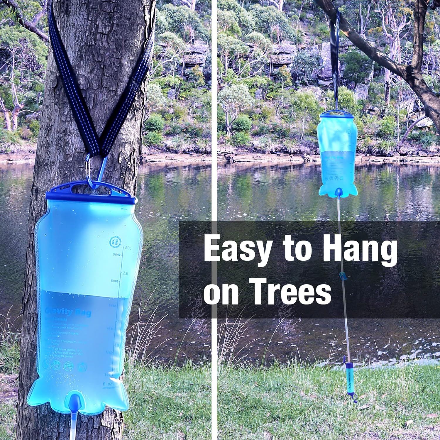 SimPure gravity water bag hung from a tree strap beside a river, filtered water running down the hose