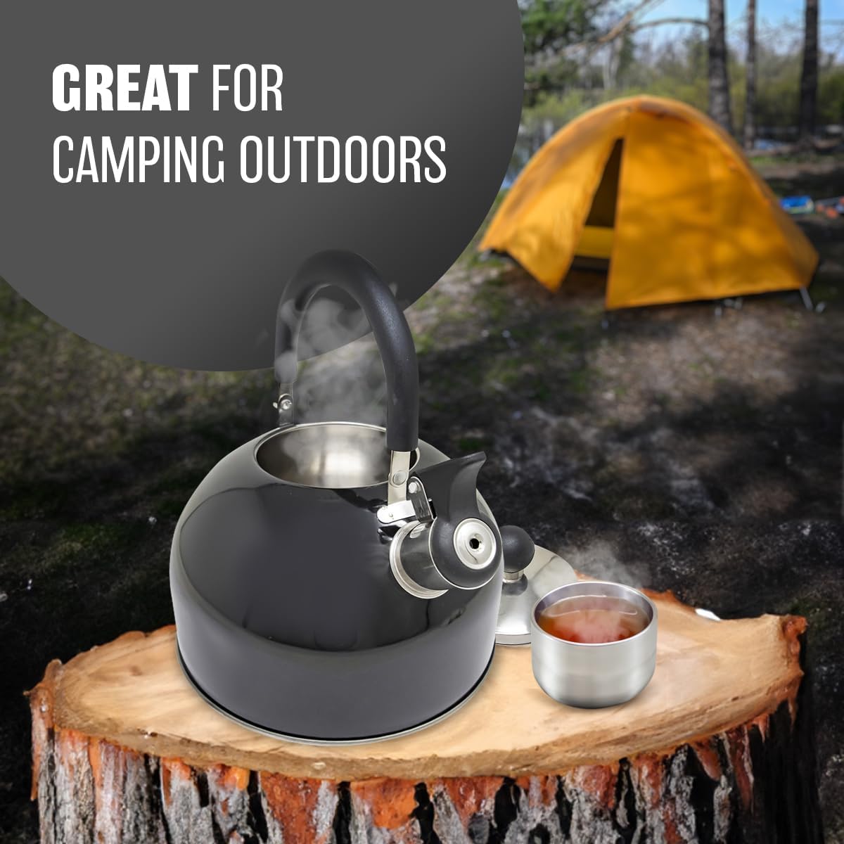 Kettle steaming on a tree stump beside an orange dome tent with no stove or fire in shot