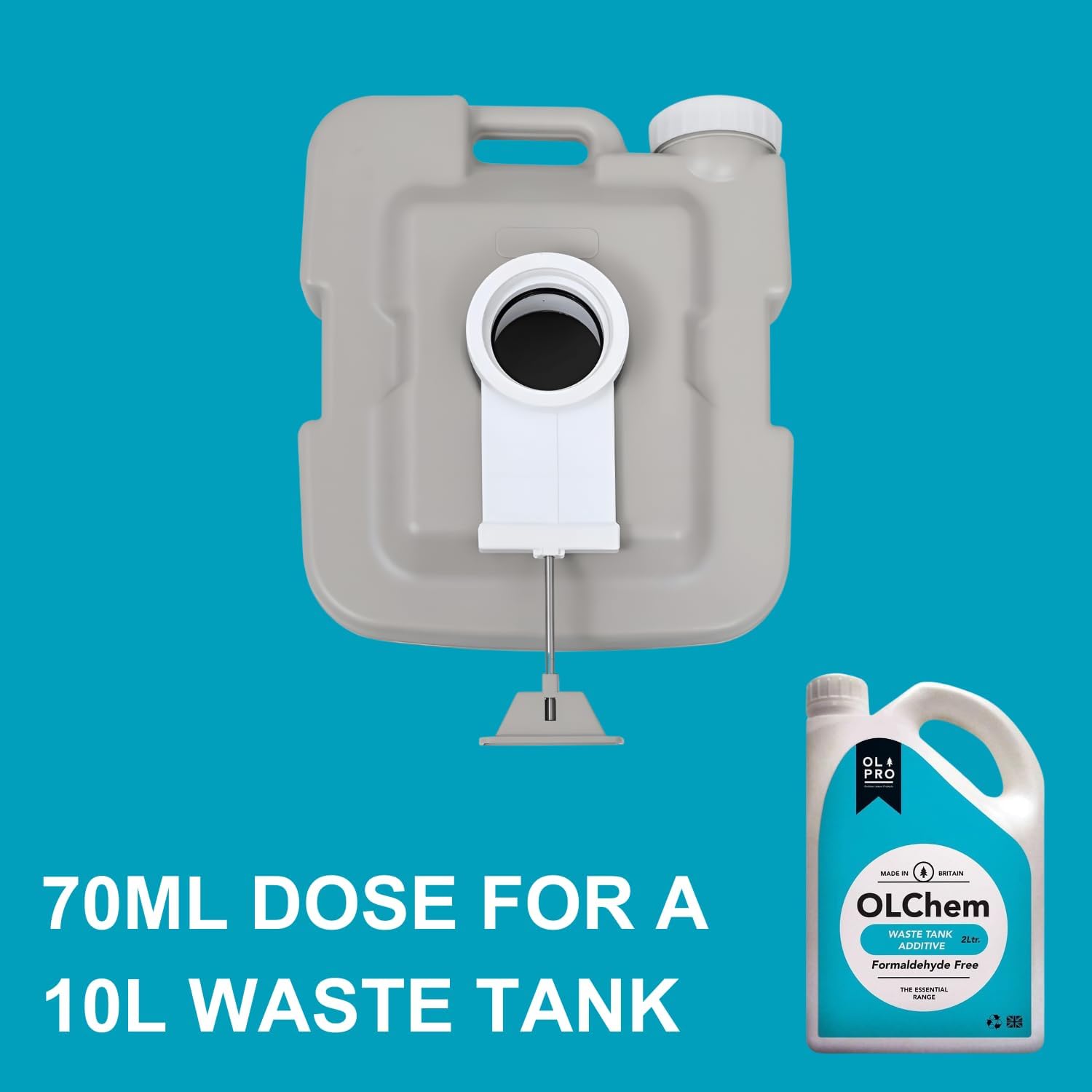 Portable toilet waste tank shown with its pour spout, alongside the teal OLChem bottle and the 70ml dose for a 10L waste tank instruction
