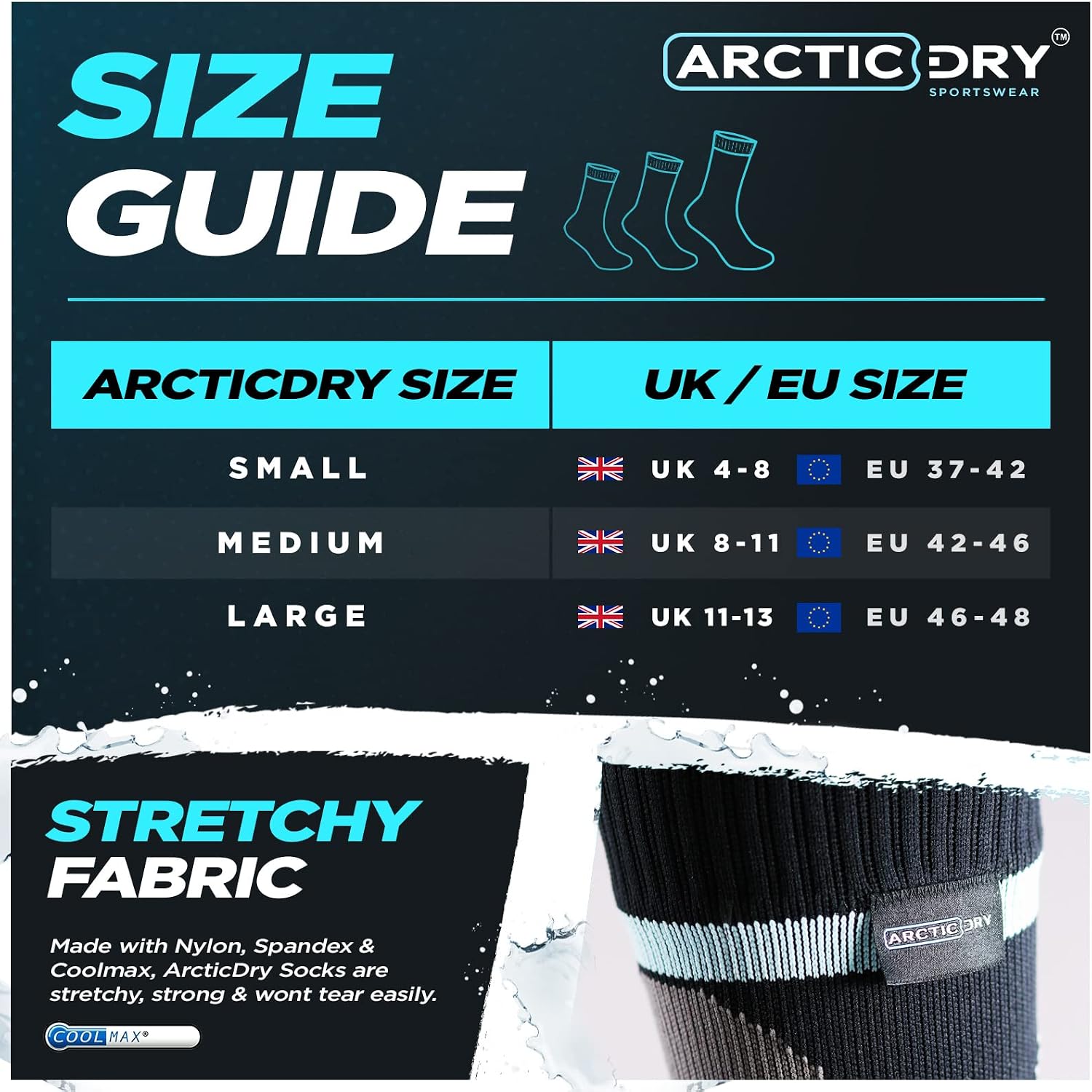 ArcticDry size guide table showing small, medium and large against UK and EU shoe sizes