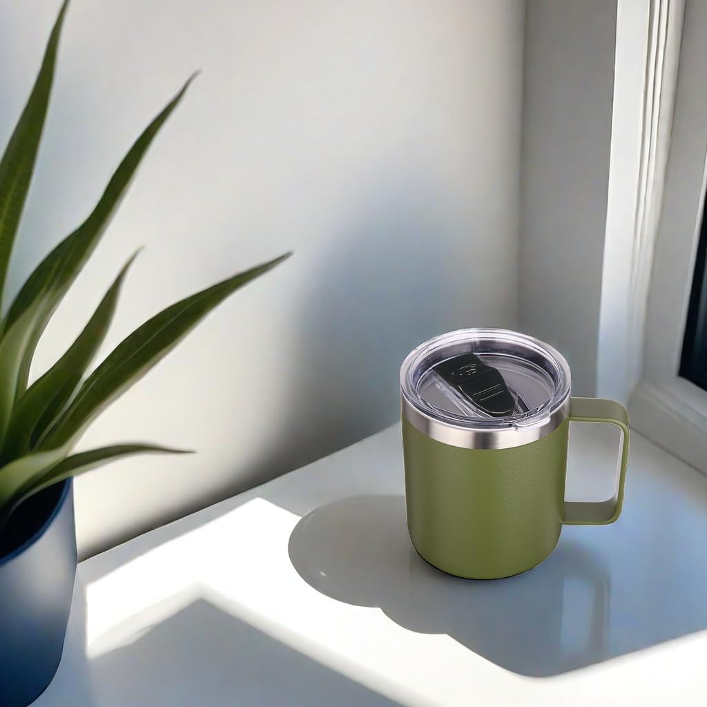 Volhoply Army Green insulated mug with lid fitted on a white windowsill beside a houseplant, the listing's indoor lifestyle shot