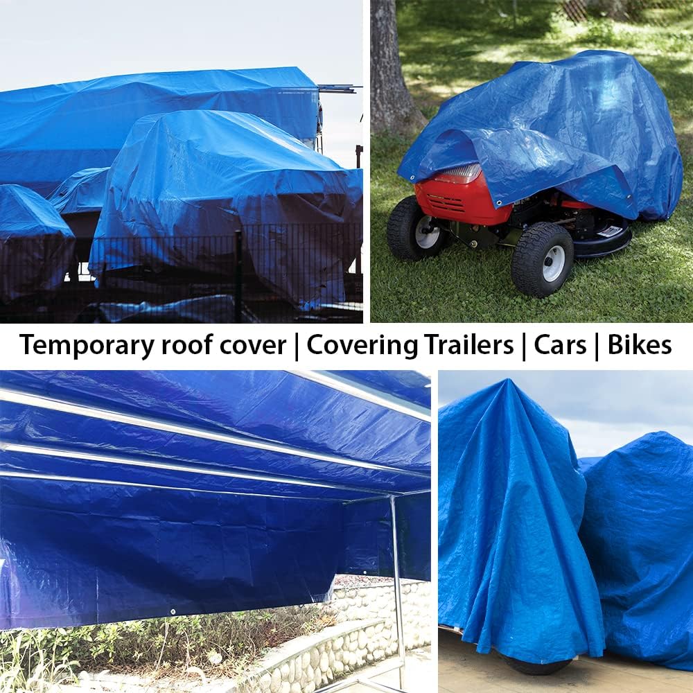 ANSIO blue tarpaulin covering motorbike, lawn mower, gazebo, and trailer
