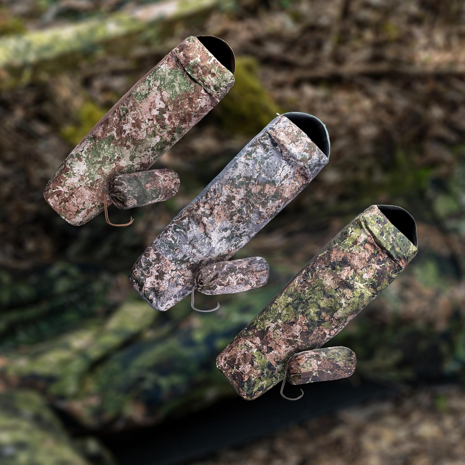 Three camouflage pattern variants of the Mil-Tec bivvy cover shown with matching stuff sacks