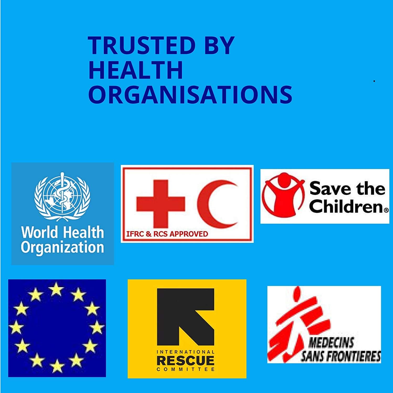 Logos of health organisations that trust Aquatabs including WHO, Red Cross, Save the Children, EU, IRC and MSF