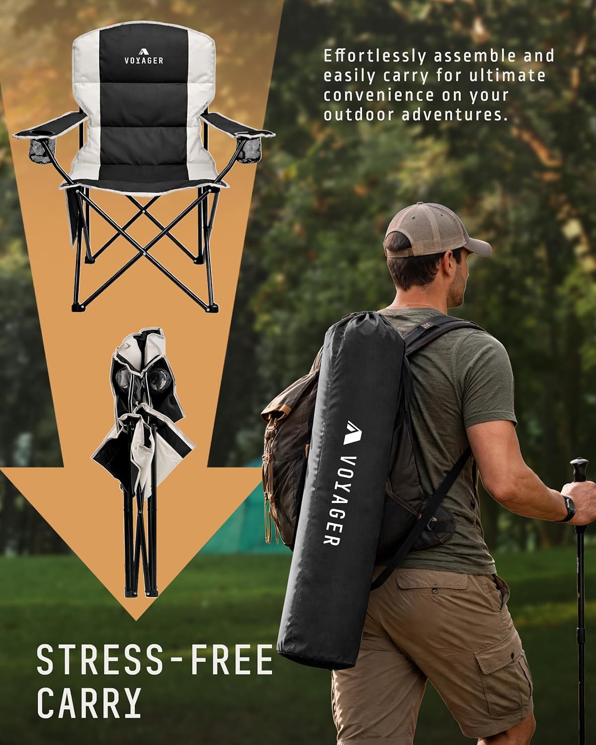 Voyager camping chair folded with carry bag and man carrying it over shoulder