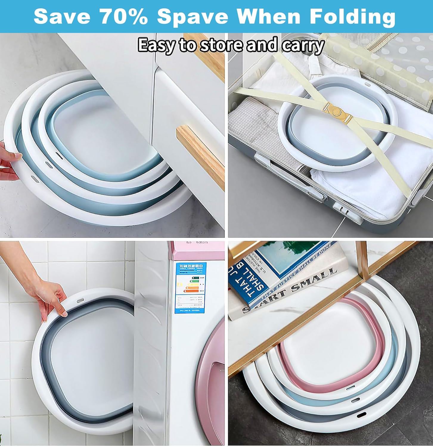 Space-saving collage showing collapsible bowl folded flat in suitcase, cupboard and shelf