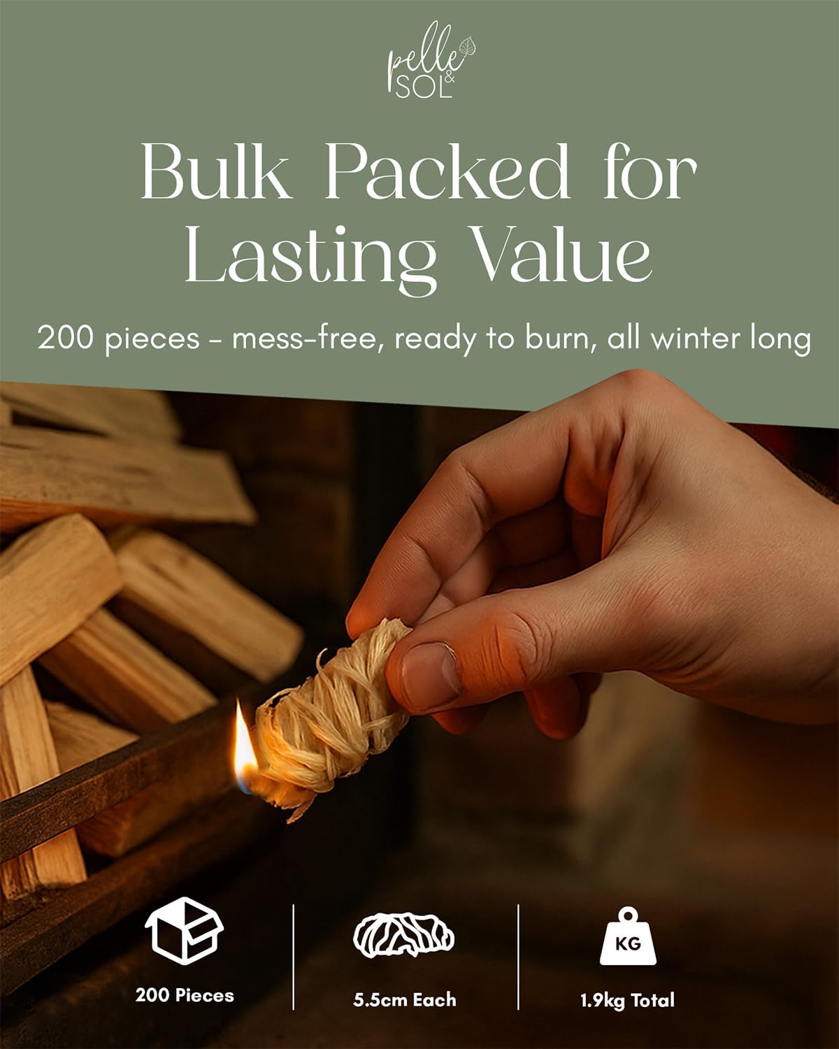 Pelle & Sol firelighter infographic showing 200 pieces, 5.5cm each, 1.9kg total with close-up of lit wood wool firelighter