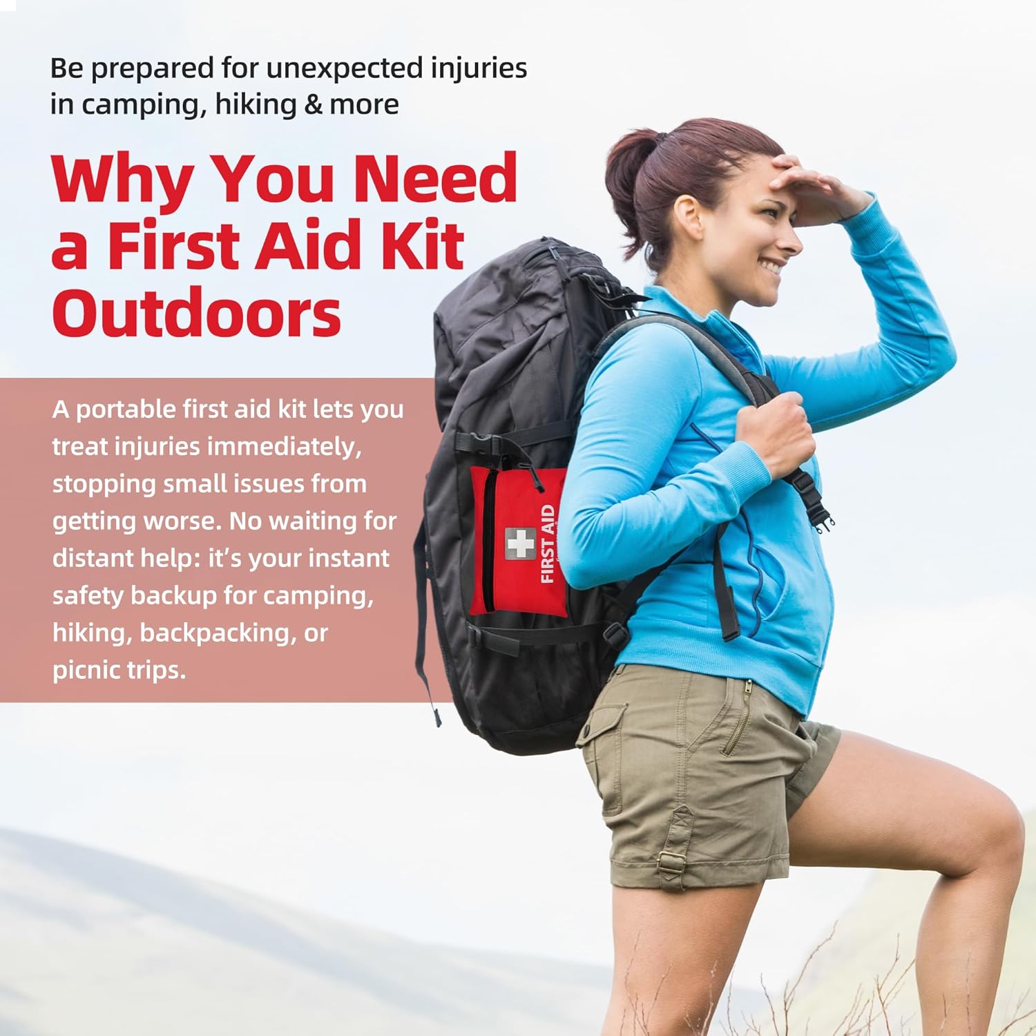 Female hiker wearing a large backpack carrying the General Medi first aid kit with a Why You Need a First Aid Kit Outdoors overlay