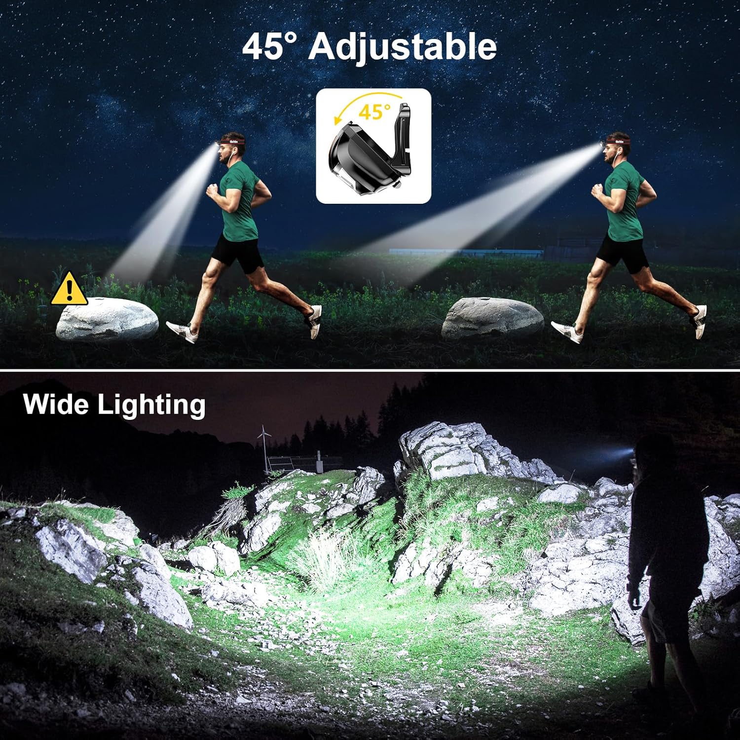 Runner wearing the Gritin head torch showing the 45 degree tilt range and wide beam spread over rocky terrain