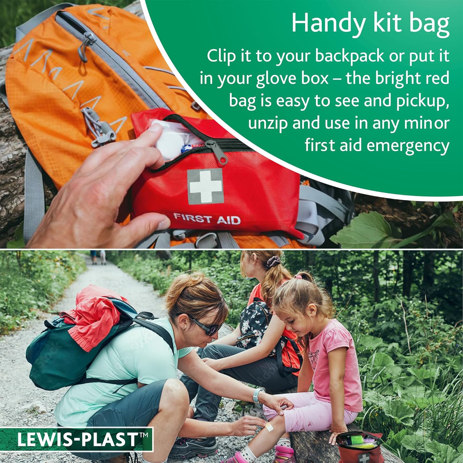 Red Lewis-Plast first aid kit clipped to the outside of an orange hiking backpack and a second photo of an adult bandaging a child's knee on a forest hiking trail