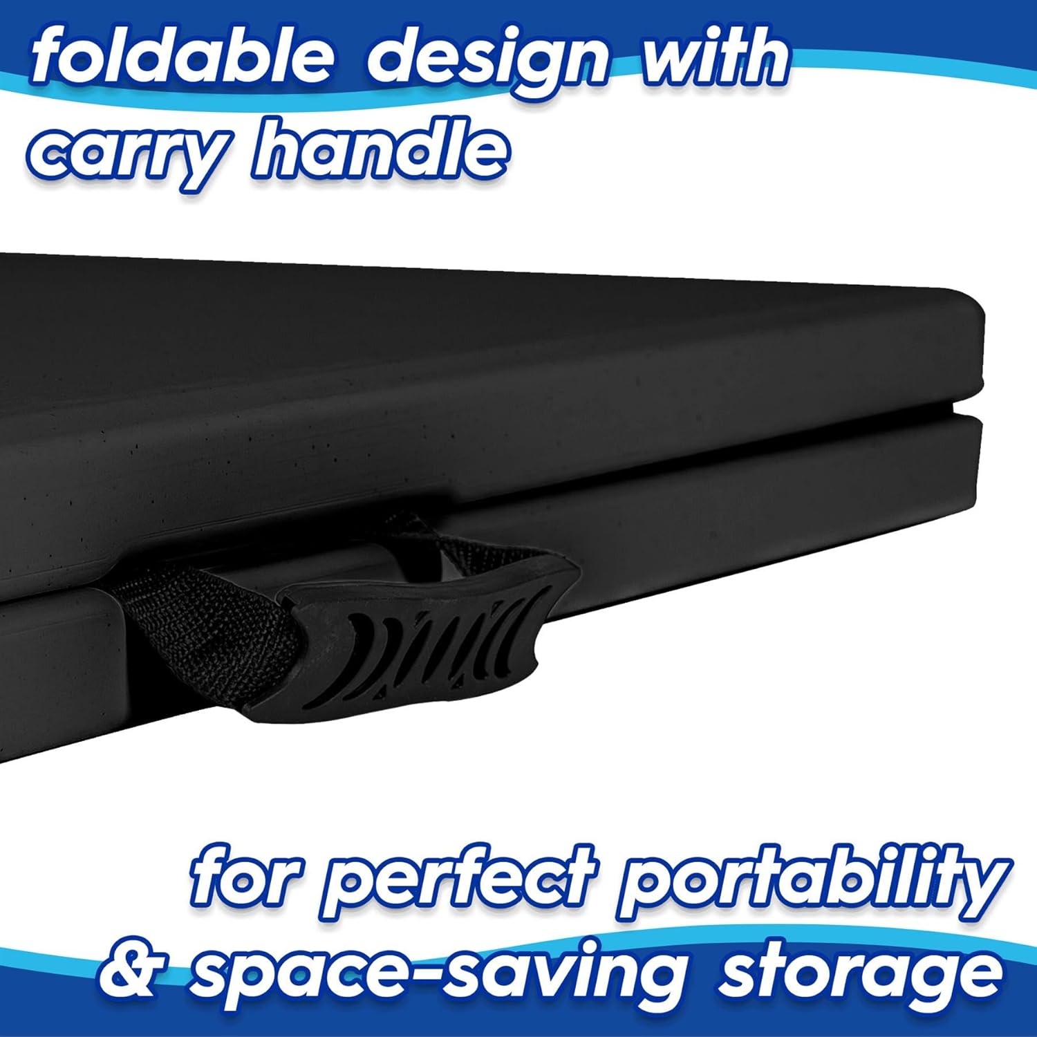The folded trestle table with its rubber-coated carry handle visible, showing the compact 7cm folded profile