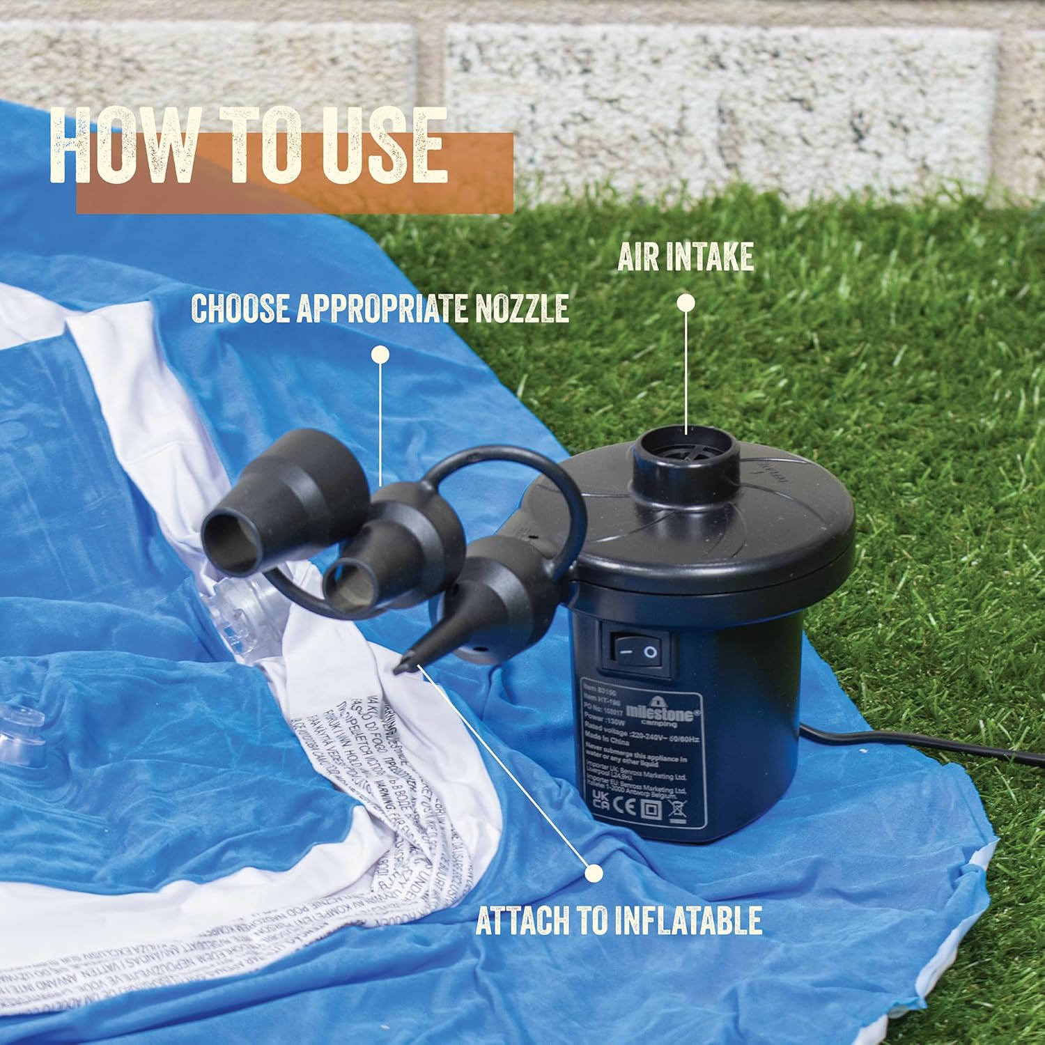 Air pump shown with electric mains cable in use