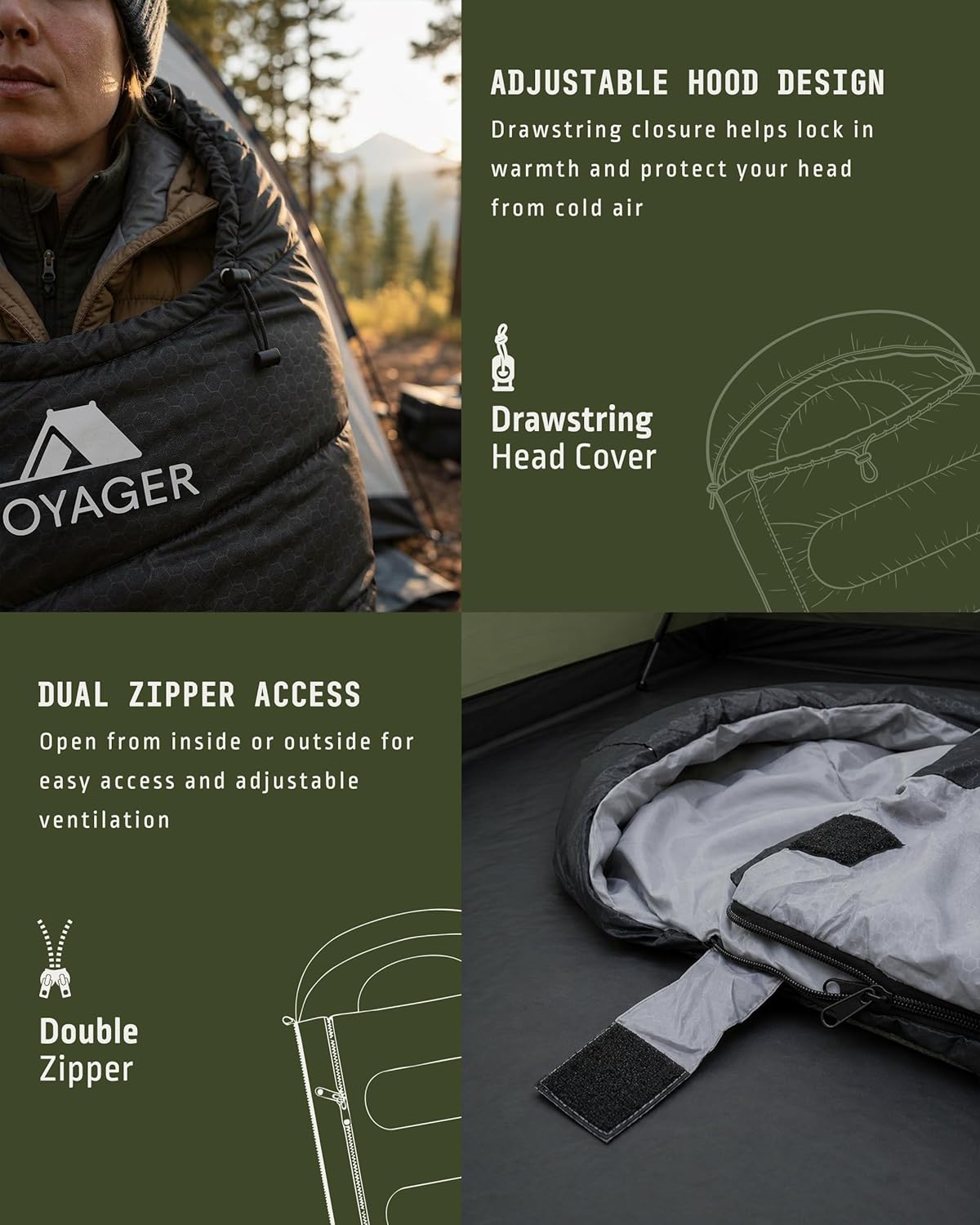 Voyager sleeping bag shown in an outdoor camping setting