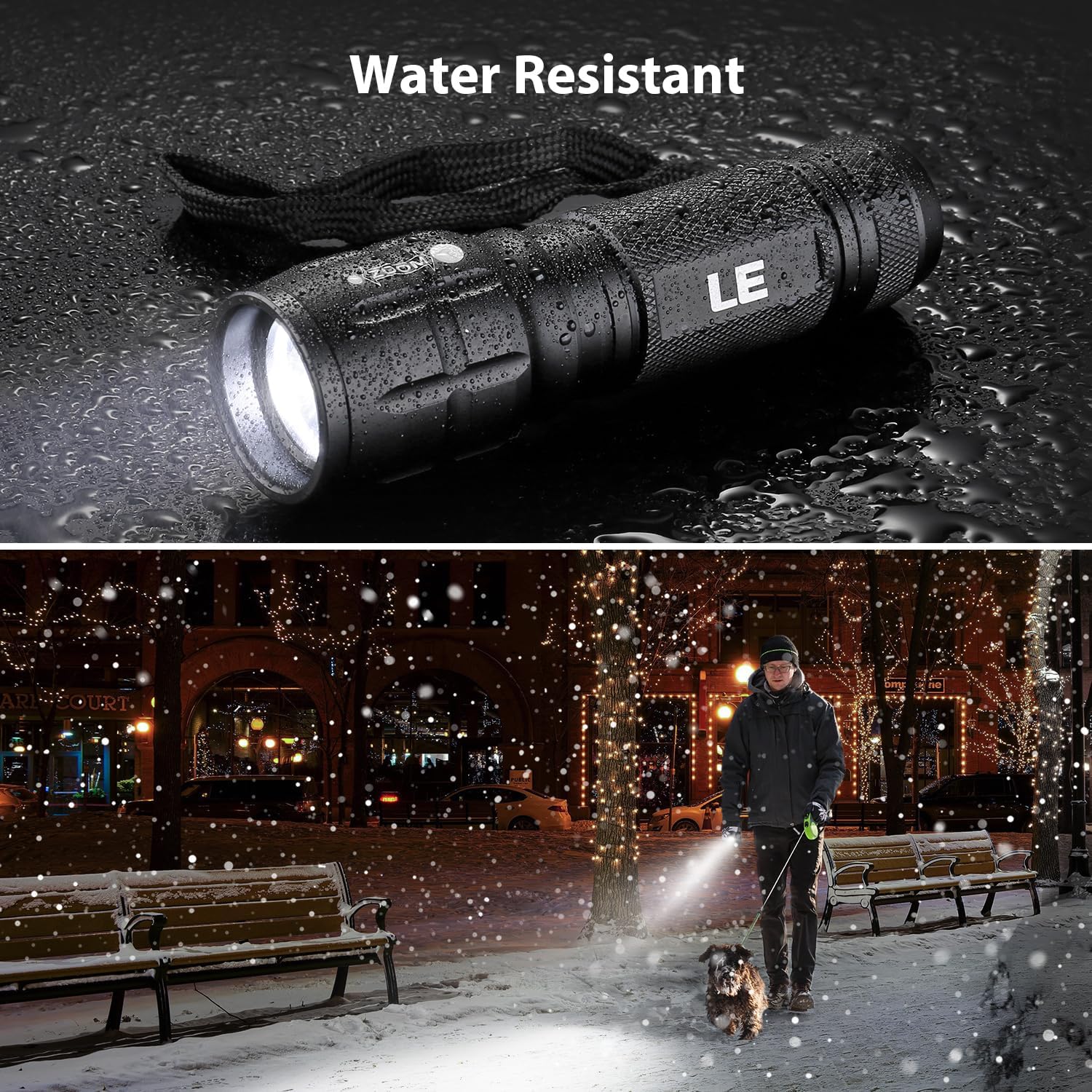 Compact LE1000 torch shown next to everyday objects for scale