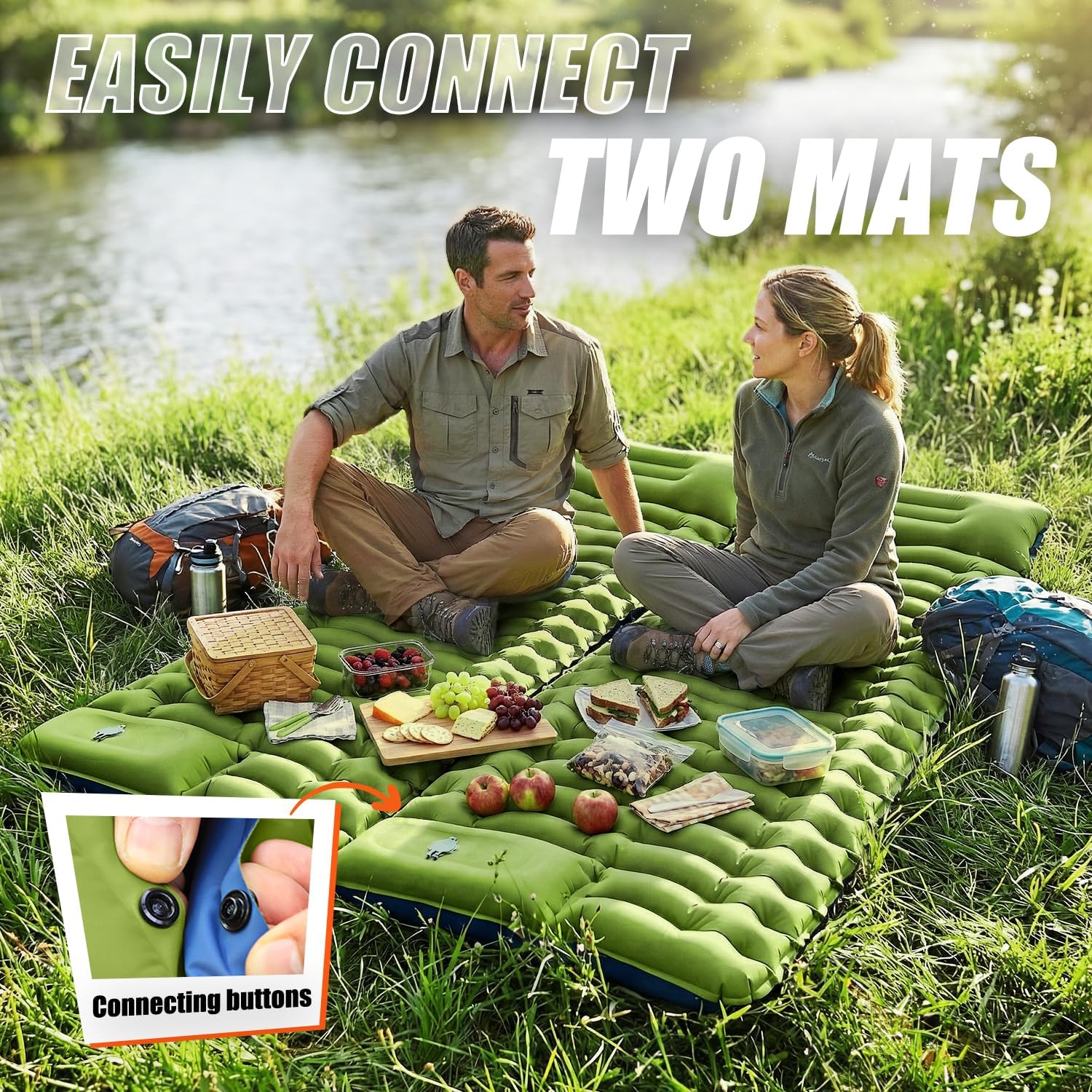 Couple sitting on two Yuzonc mats buttoned together into a double bed by a river, with a connecting-buttons close-up inset