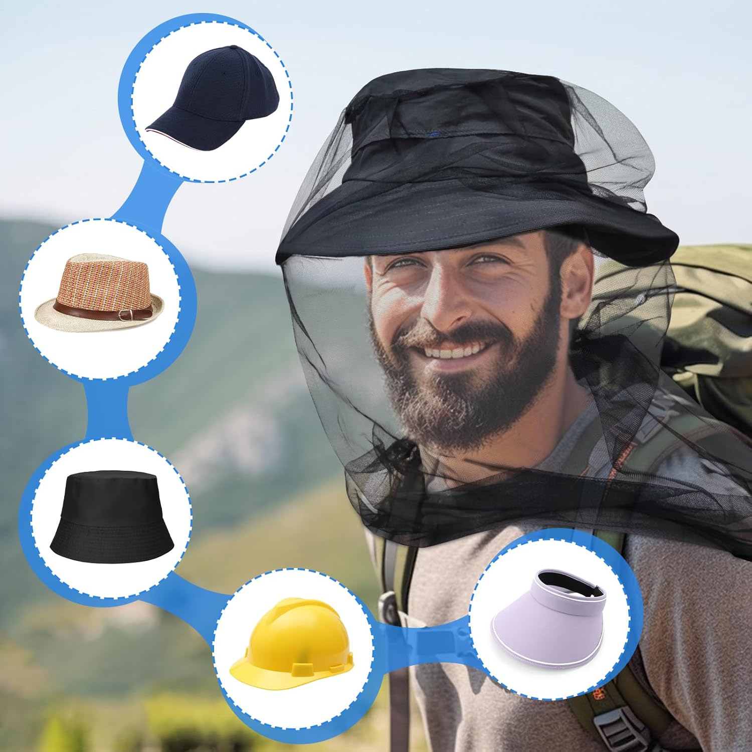 Smiling bearded hiker wearing the black head net over a bucket hat, with inset circles showing it fitting a baseball cap, fedora, bucket hat, hard hat and visor