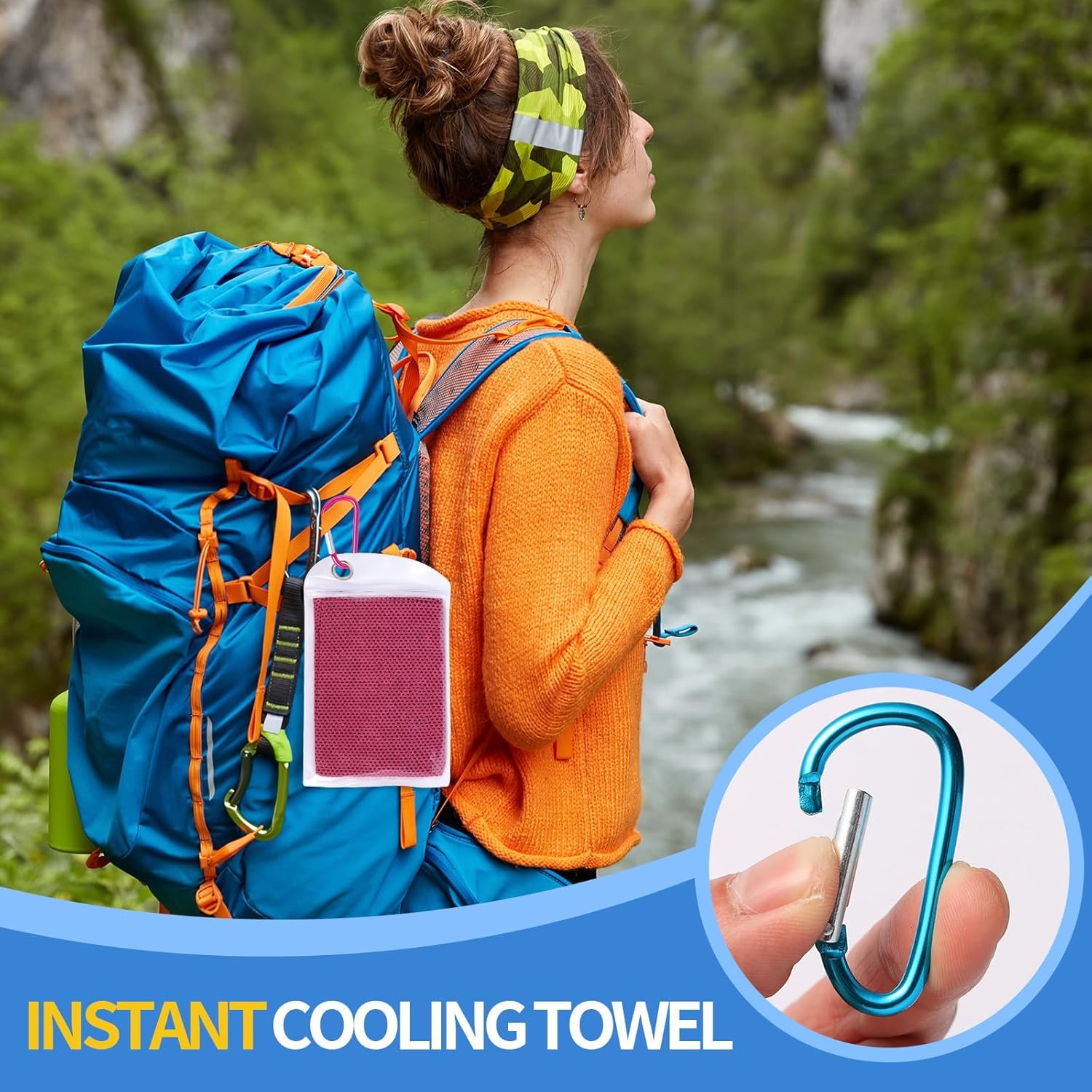 Cooling towel in its clear pouch clipped by carabiner to a hiking rucksack beside a mountain stream