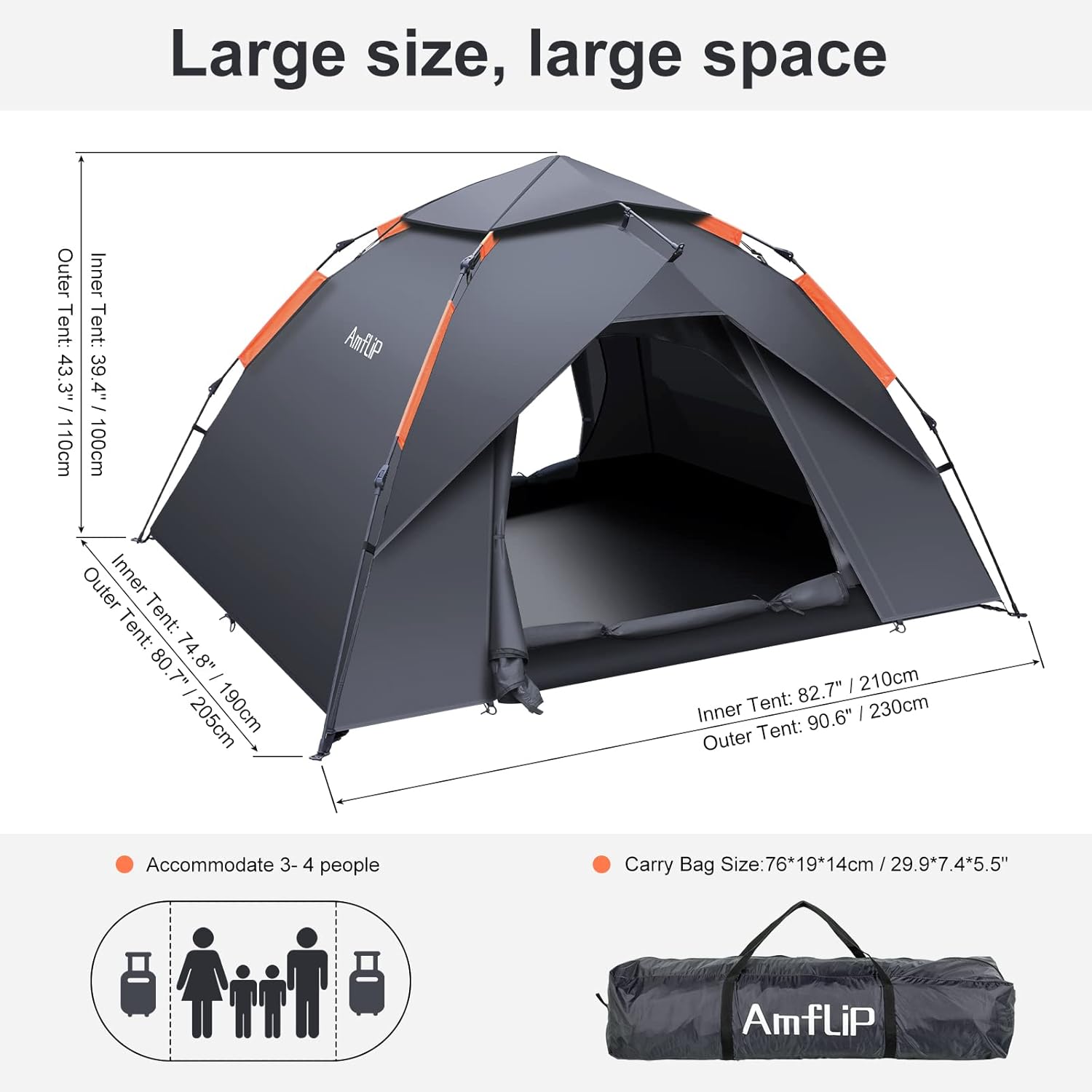 Amflip size diagram showing inner and outer tent dimensions, the packed carry bag and a family-of-four graphic.