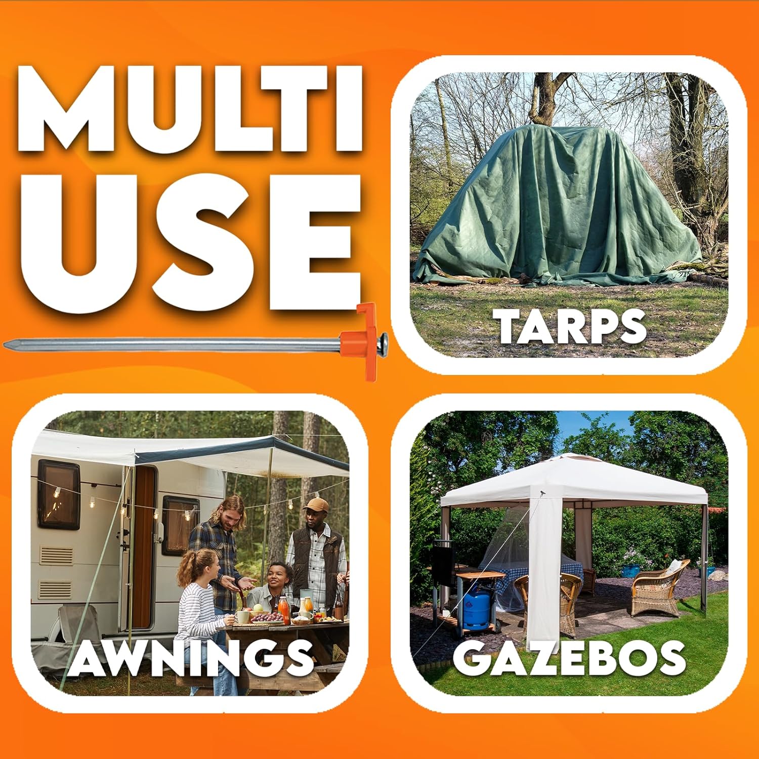 Xtremeauto multi use graphic showing the ground pegs securing tarps, caravan awnings and garden gazebos