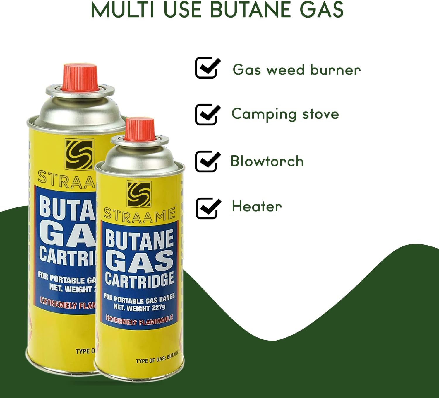 Straame butane gas cartridges shown with multi-use icons for weed burner, camping stove, blowtorch and heater