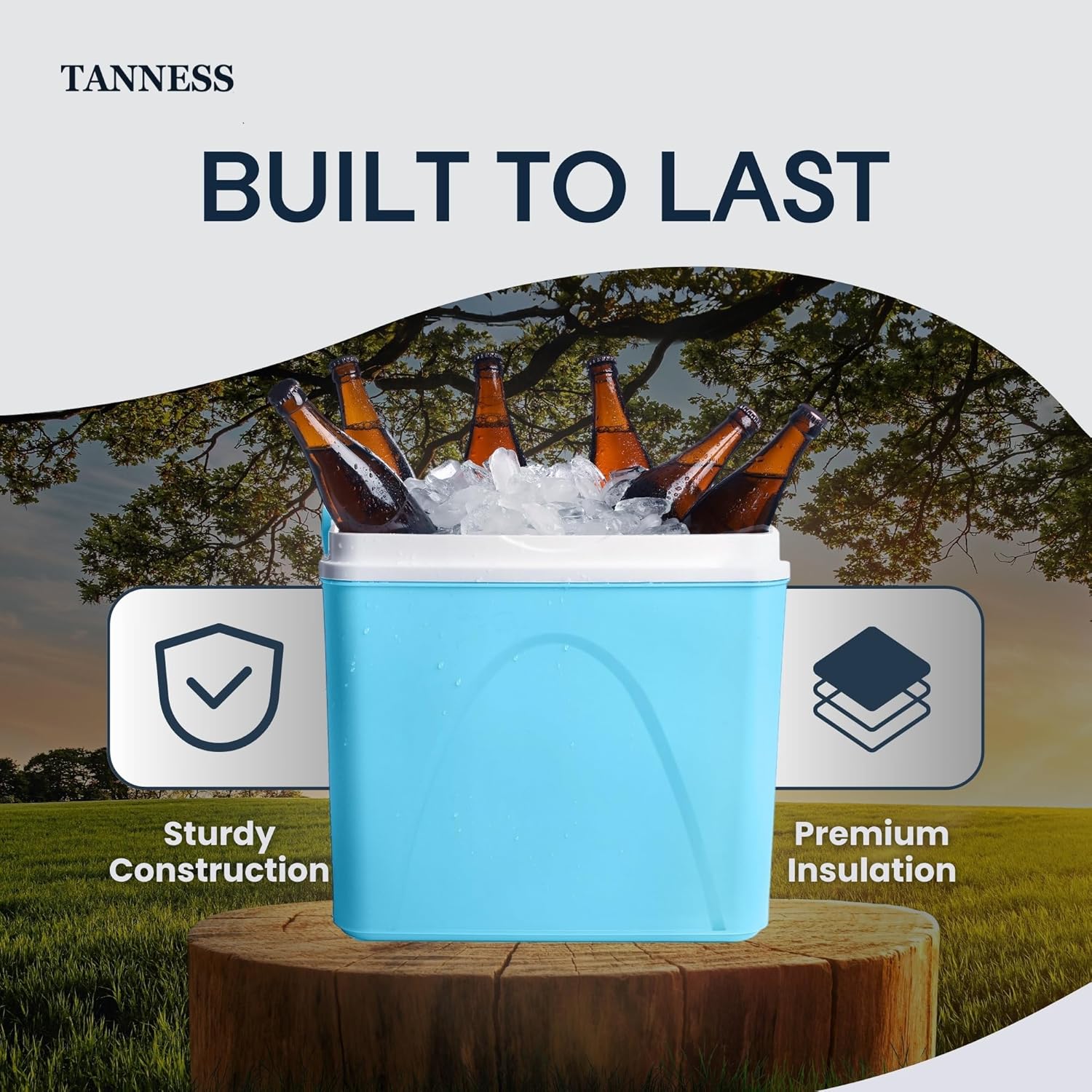 Tanness cool box packed with ice cubes and bottled beers on a tree stump outdoors