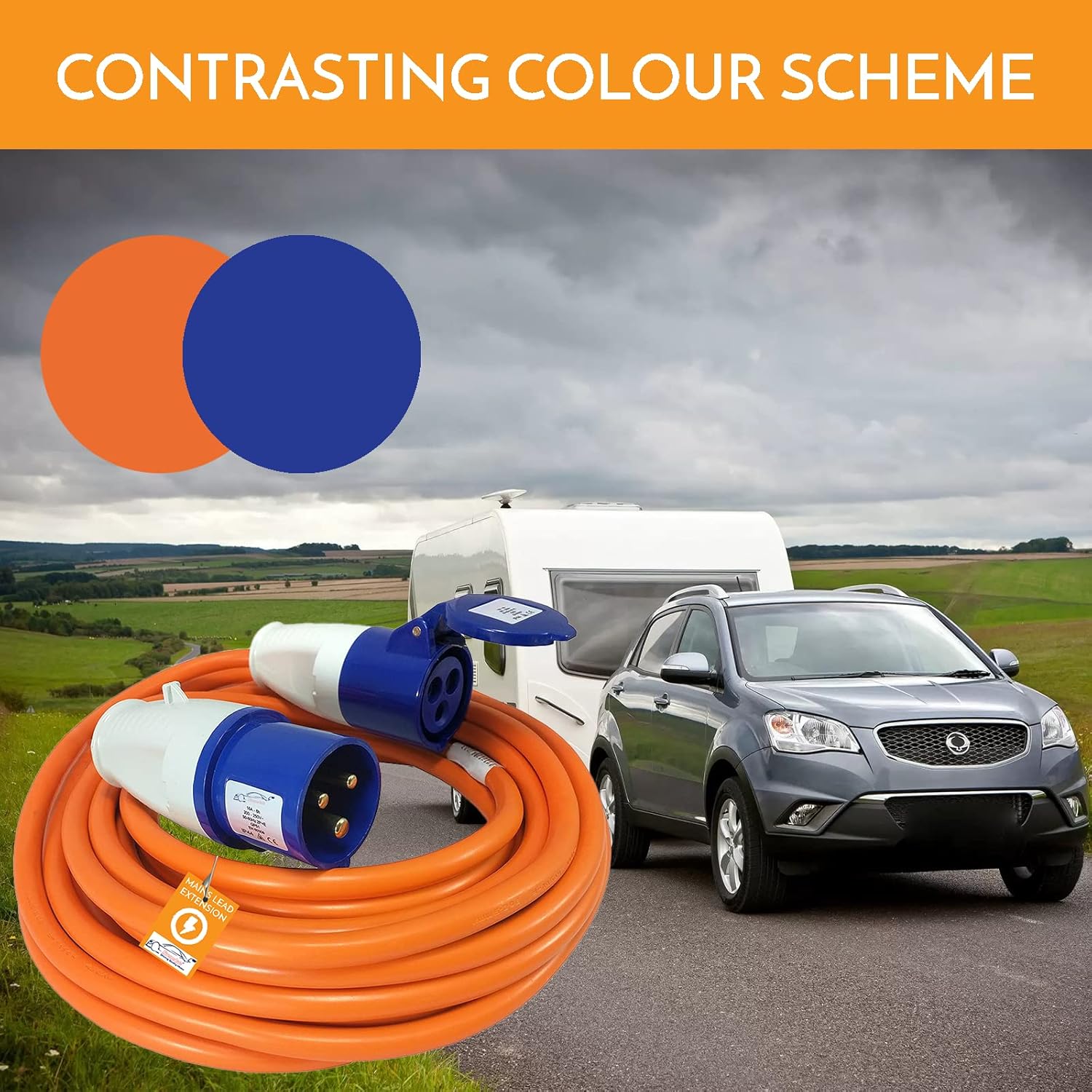Listing graphic showing the orange and blue contrasting colour scheme with a caravan and car
