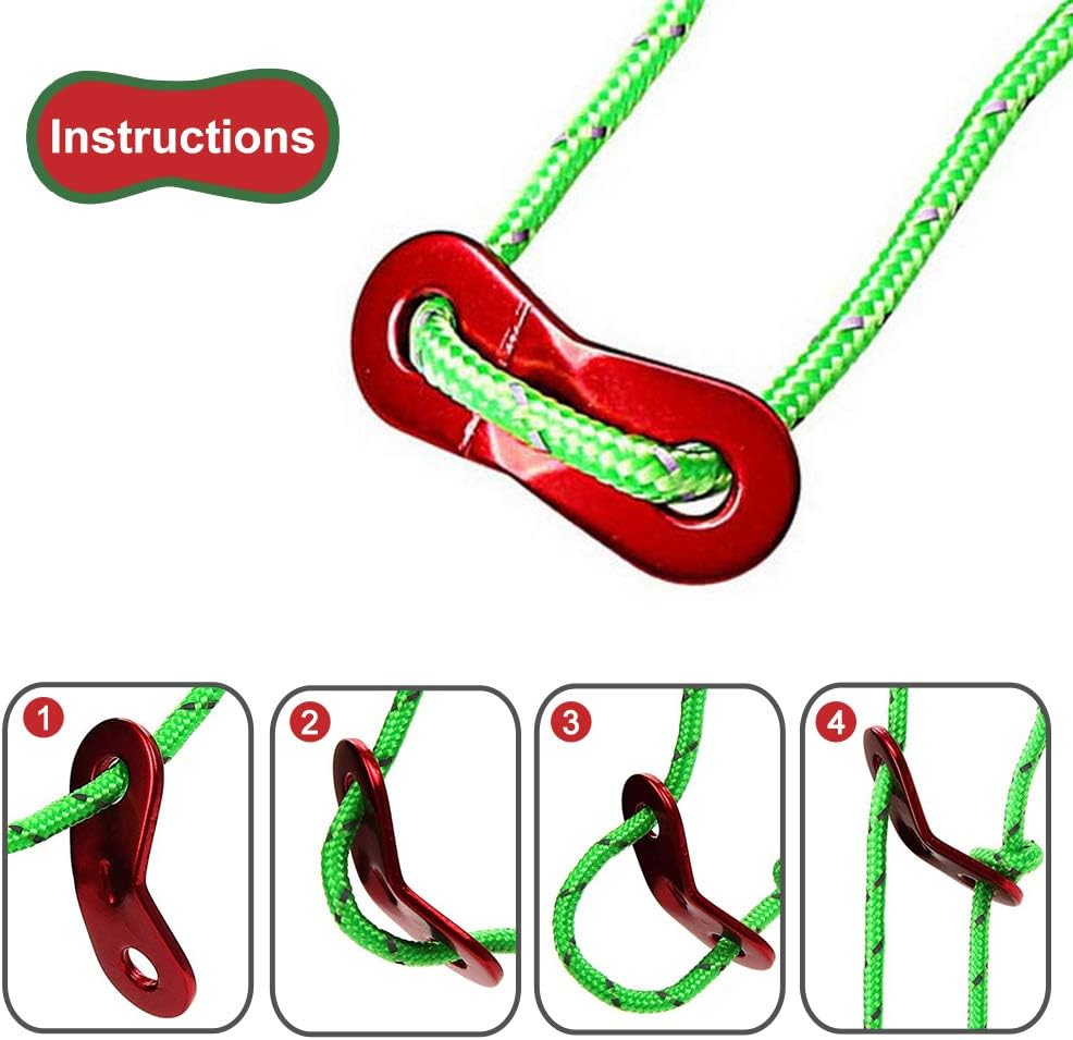 Four-step instruction diagram showing how to thread the green guy rope through the red two-hole aluminium tensioner