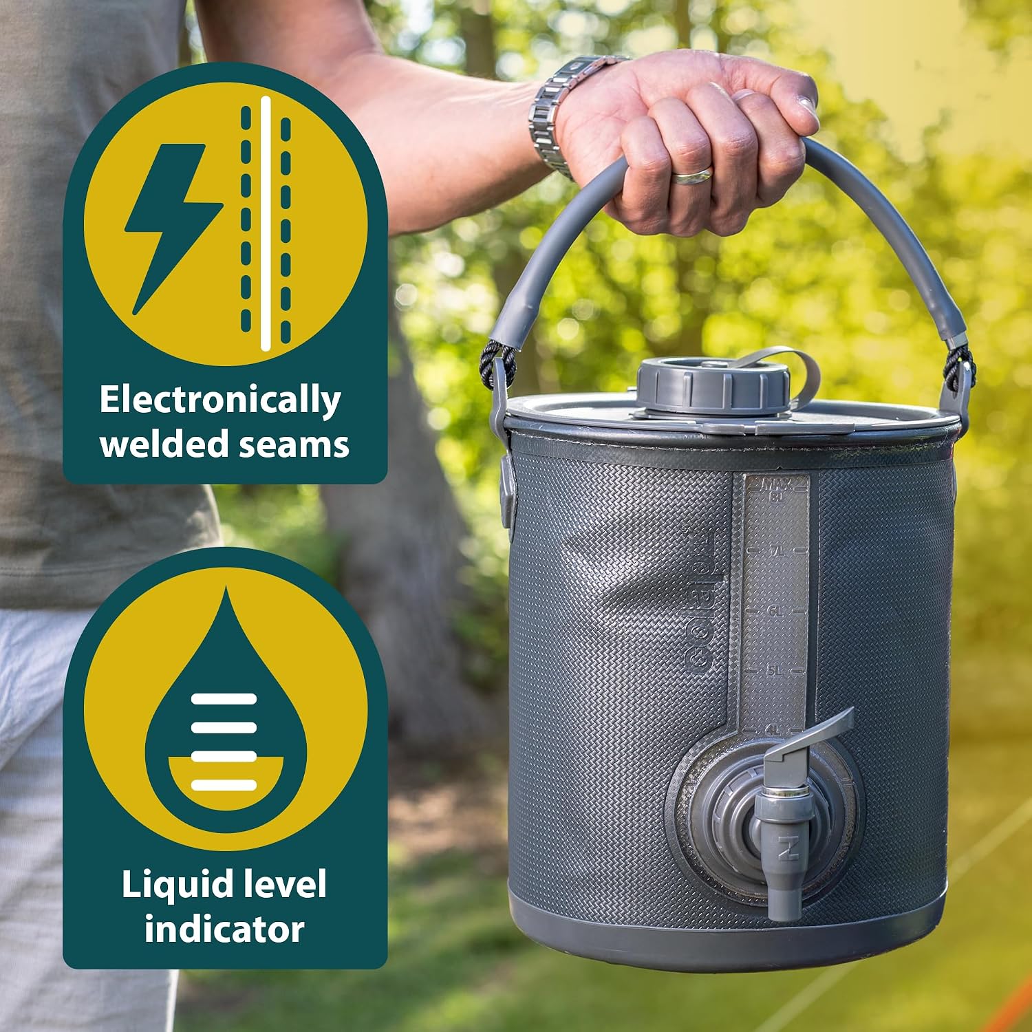 Grey Colapz water container held by the handle, with badges for electronically welded seams and the moulded liquid level indicator