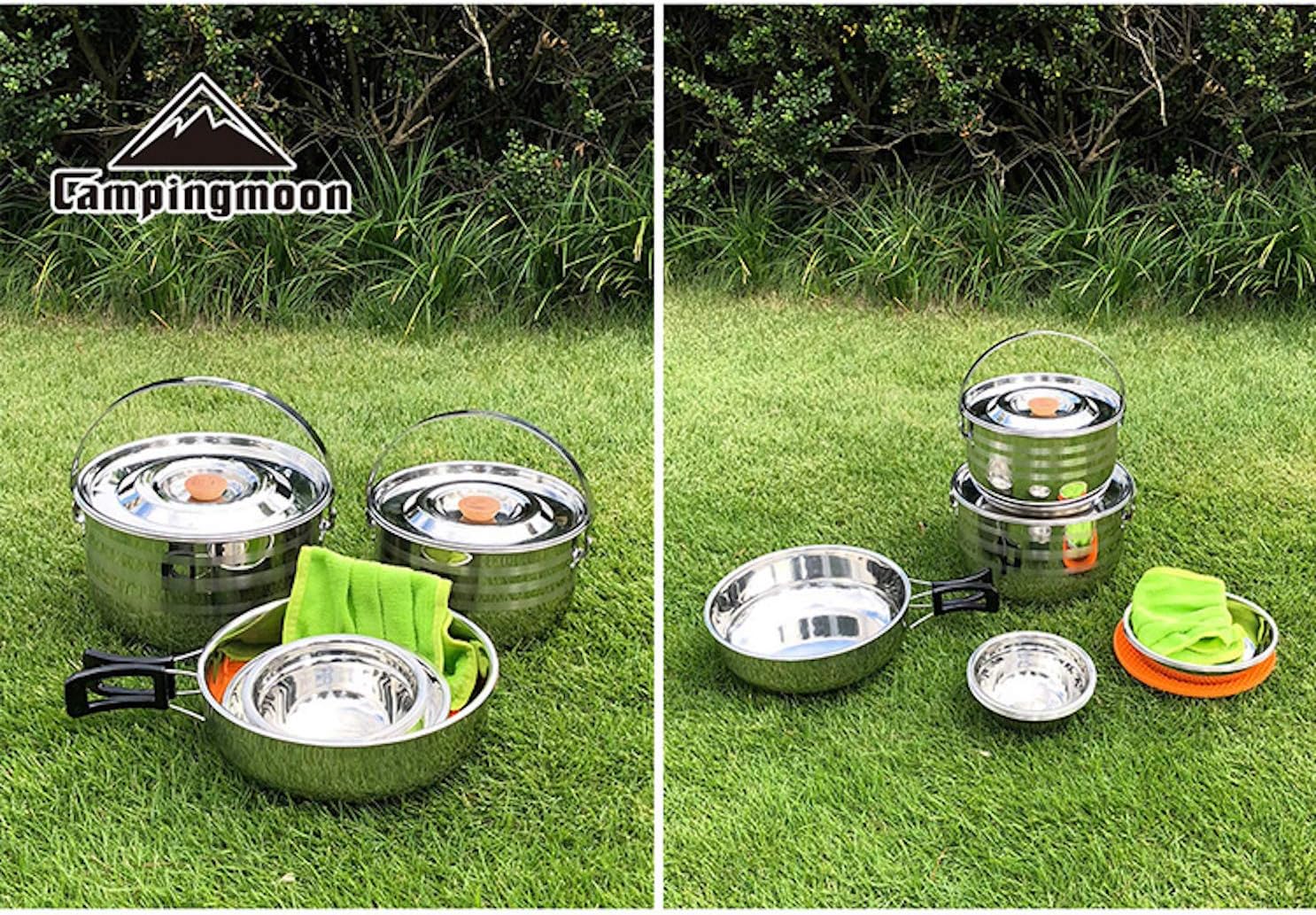 CAMPINGMOON pots nested together on grass alongside the pan cloth and orange silicone trivet