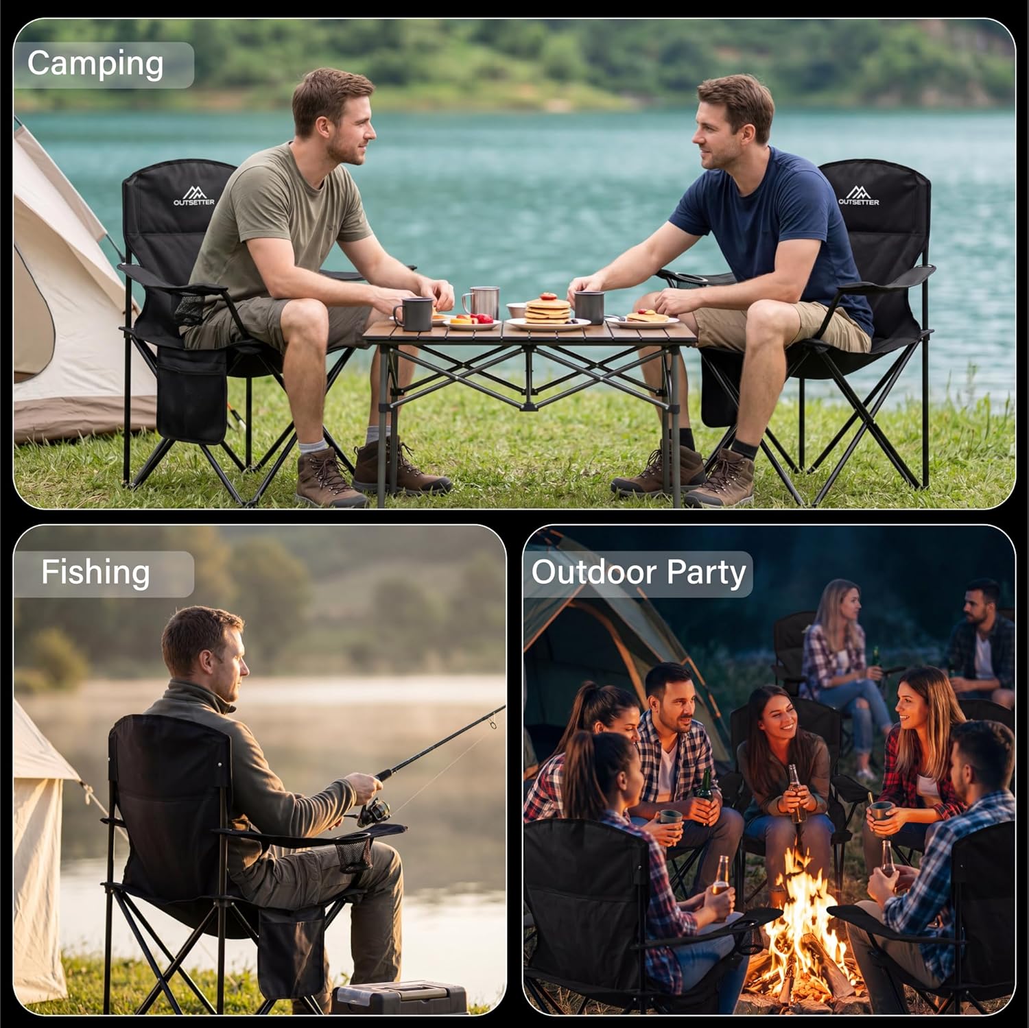 Listing collage showing the chairs in use while camping by a lake, fishing and around a campfire party