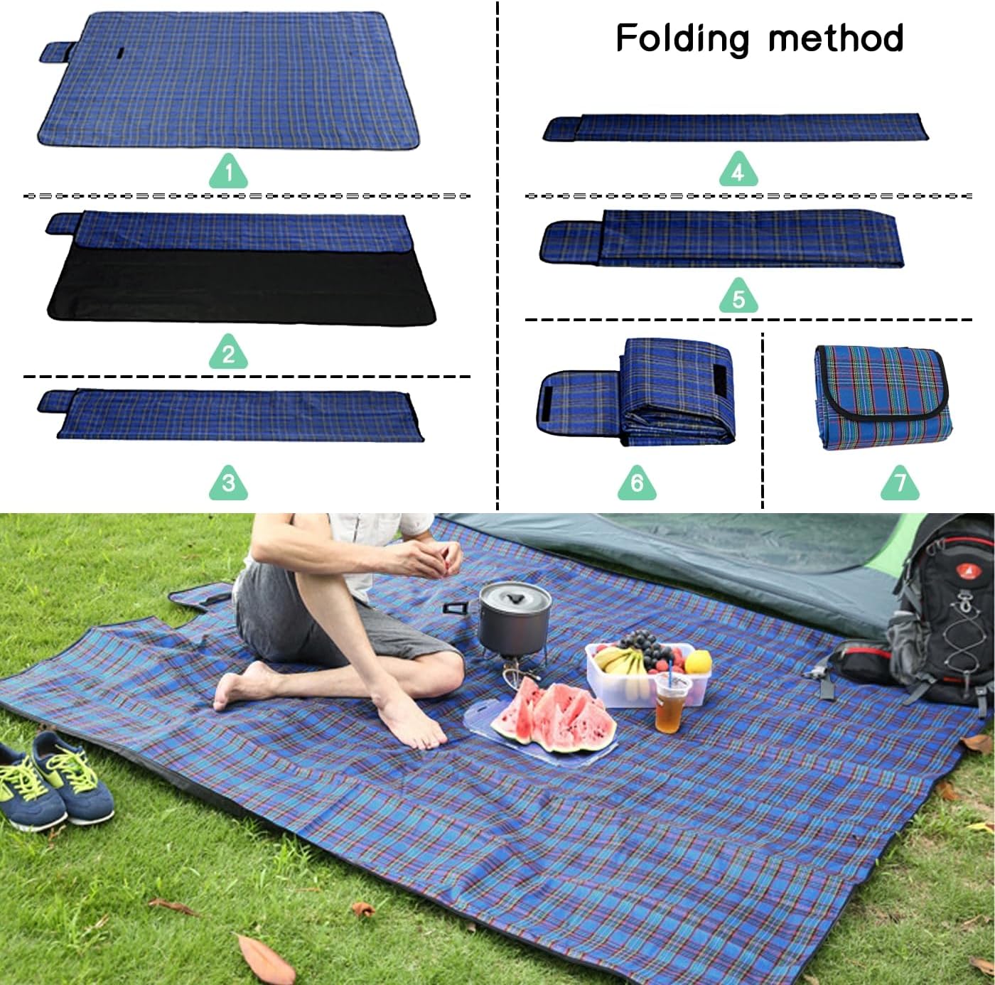 SOMIYAMI tartan mat spread on grass in front of a tent with a camping stove, food box and rucksack on it