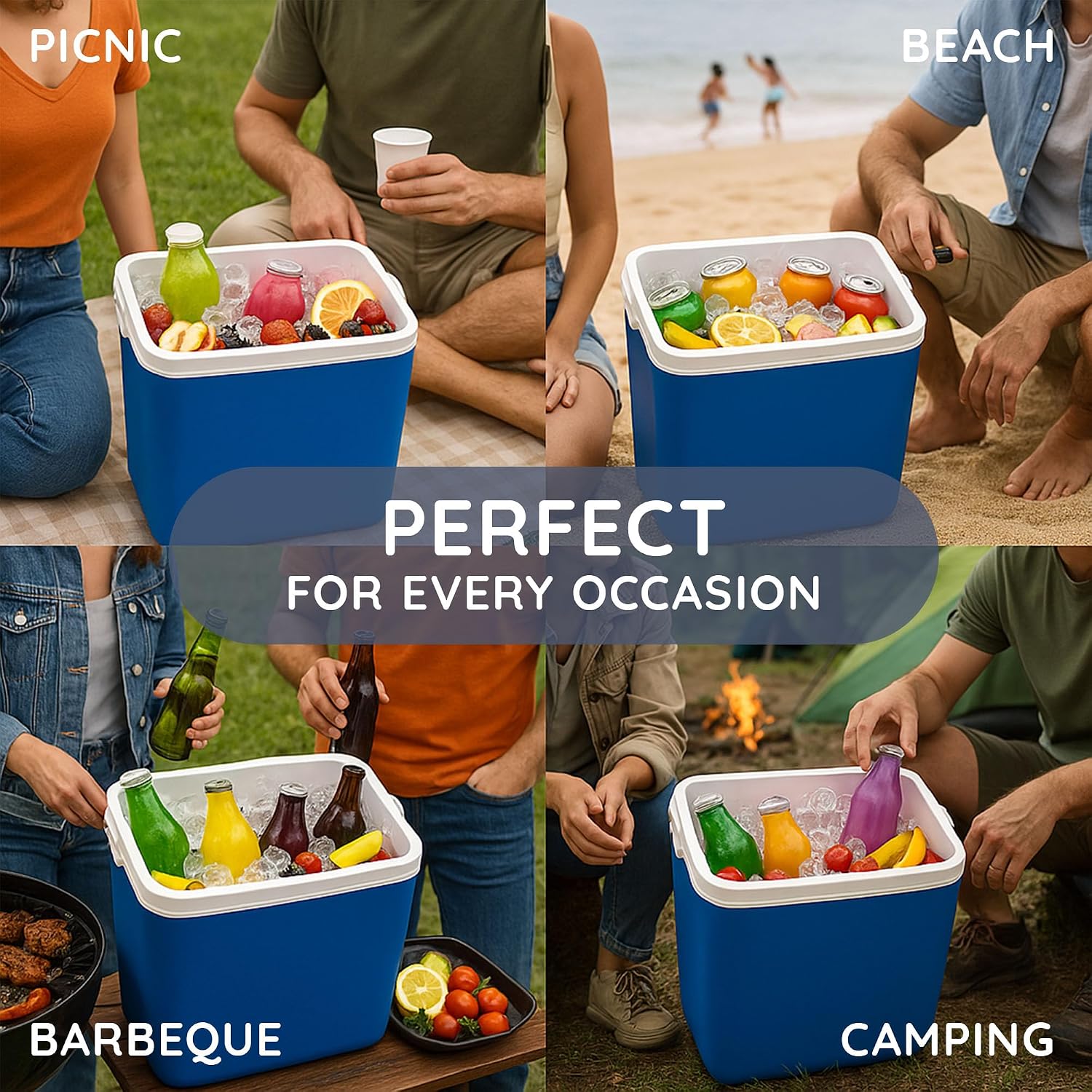 Four-panel image of the CUQOO cool box in use at a picnic, on a beach, at a barbecue and at a campsite