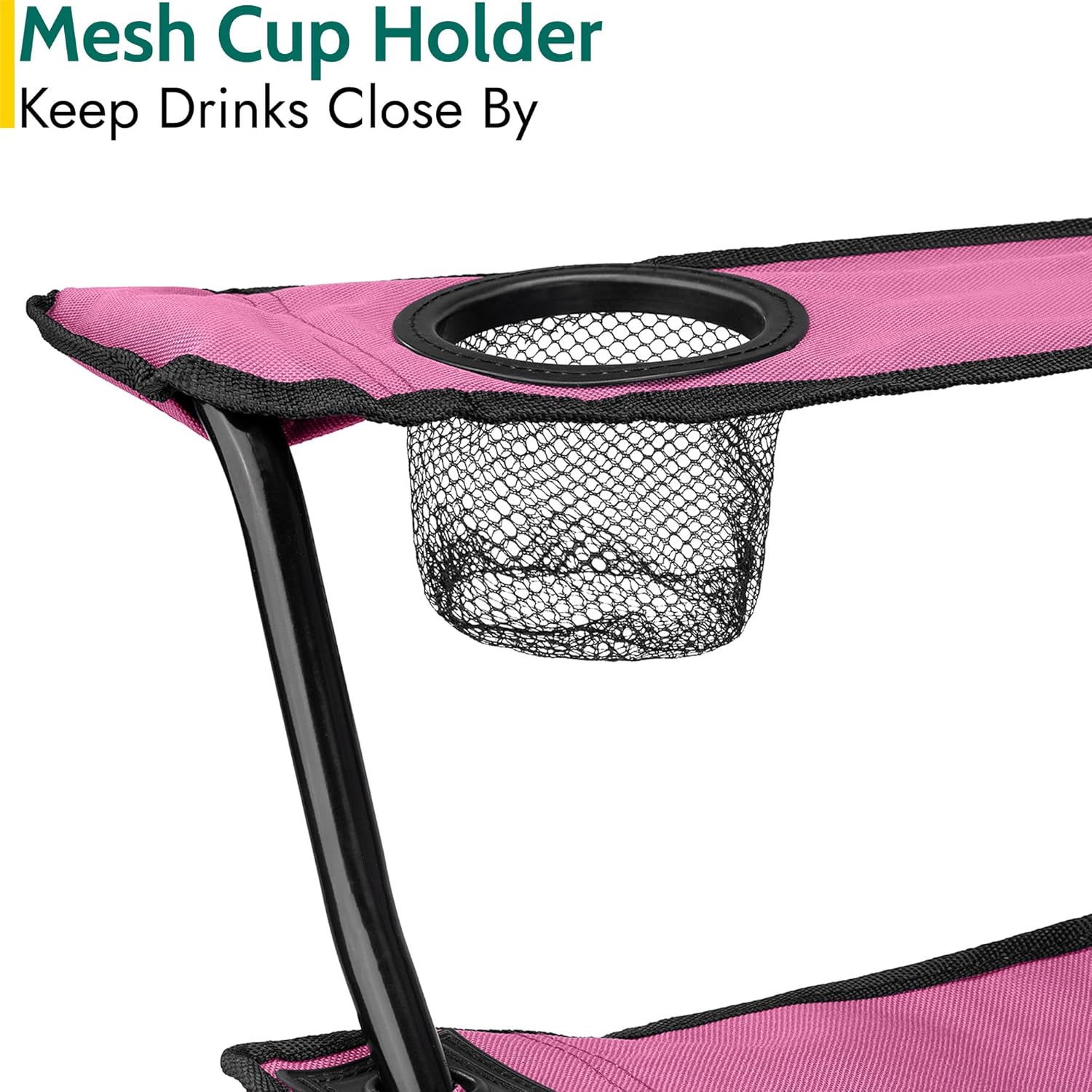 Close-up of the black mesh cup holder set into the pink armrest of the Trail chair