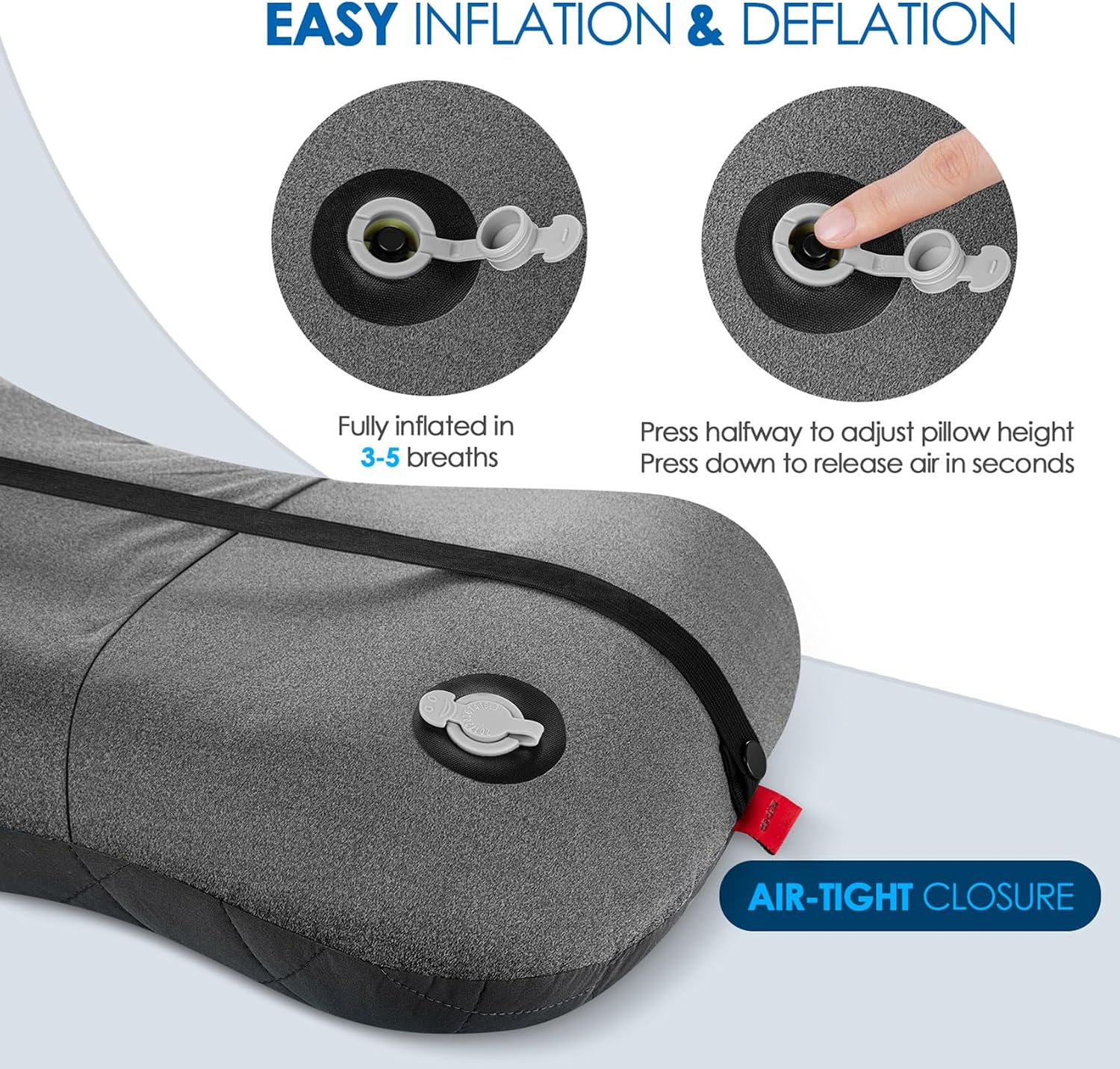 Close-up of the one-click valve showing 3 to 5 breath inflation and press-down deflation on the grey pillow