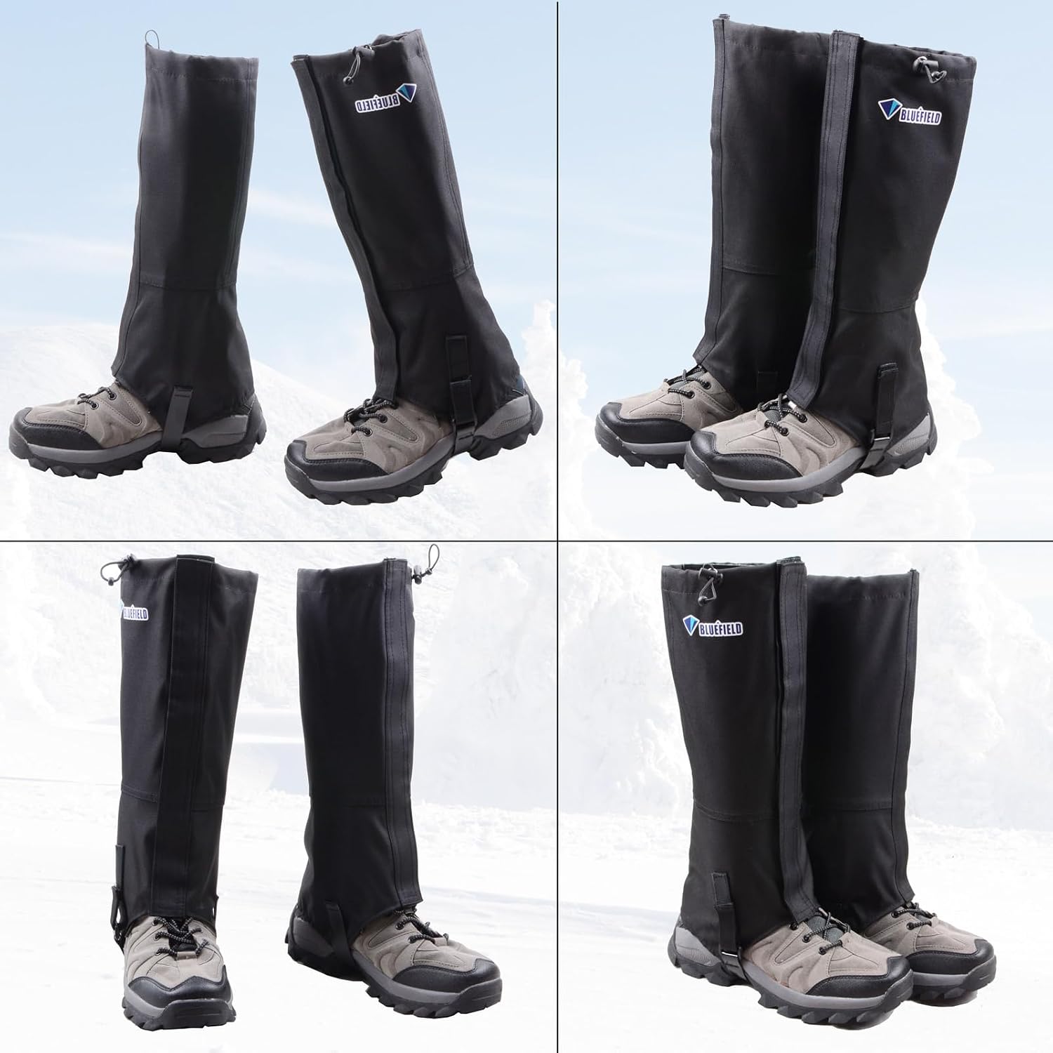 Four studio views of the black gaiters on boots showing the Bluefield logo on the calf panel