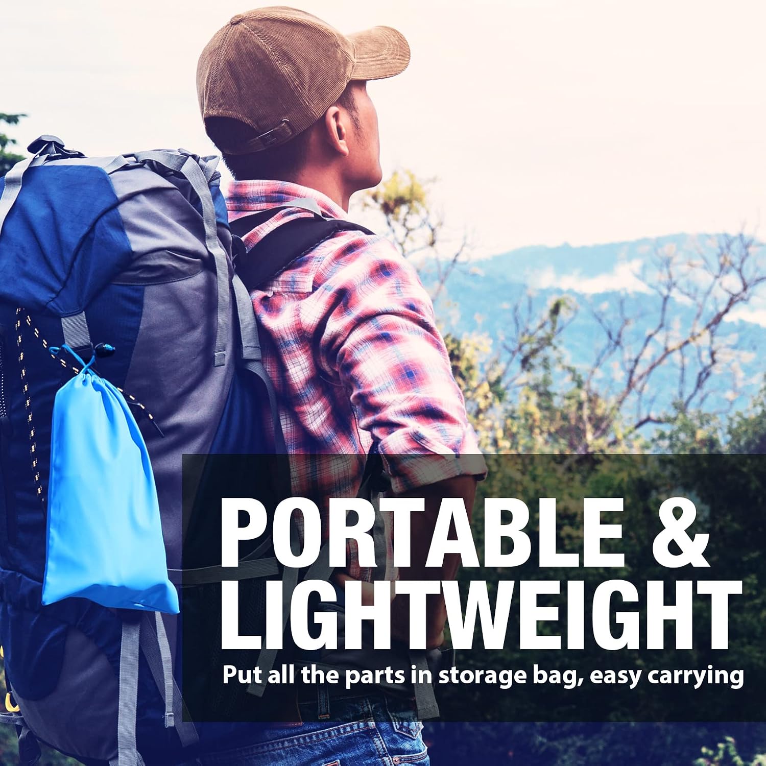 The packed SimPure filter kit in its blue drawstring pouch clipped to the side of a hiking rucksack
