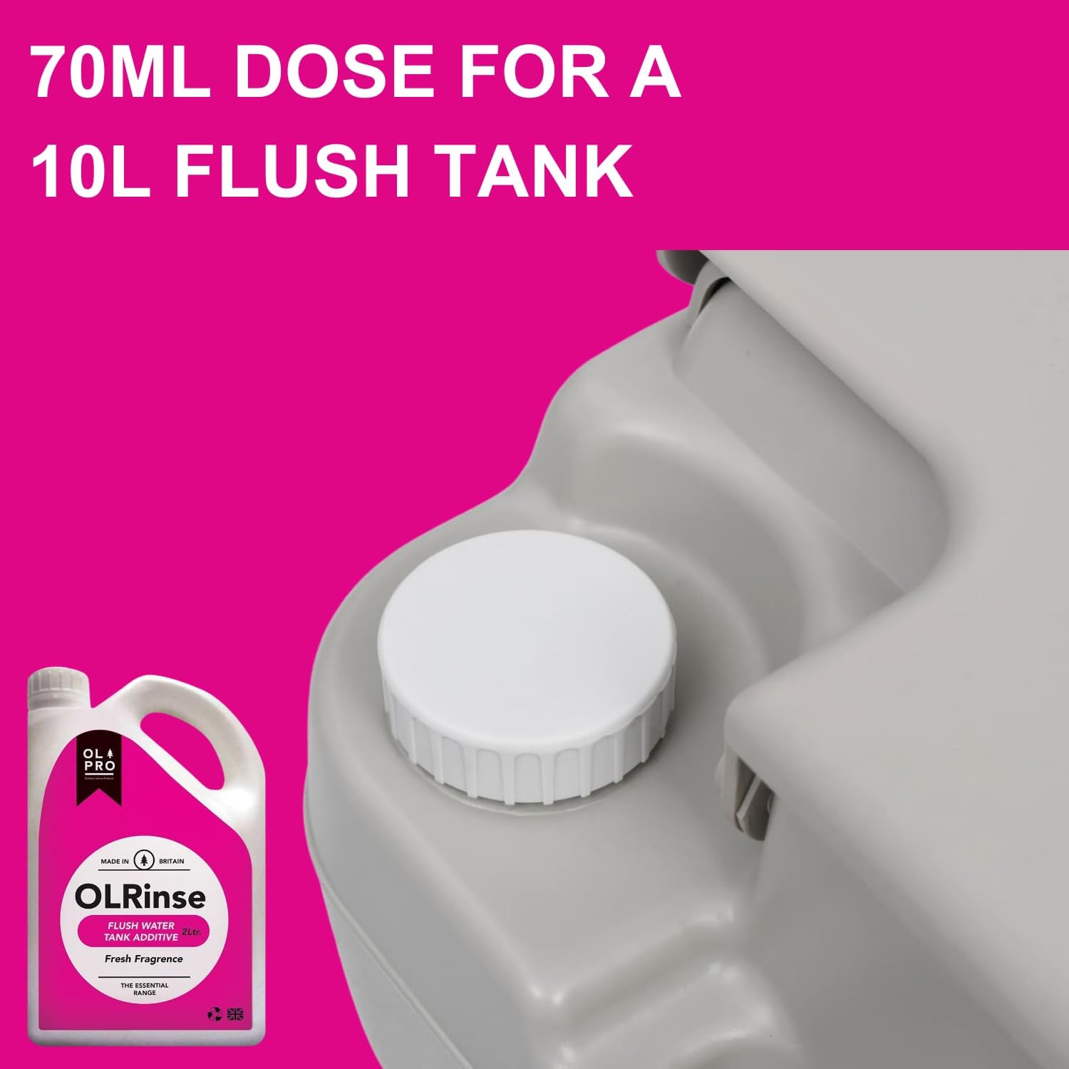 Close-up of the round screw filler cap on a portable toilet's flush water tank, with the 70ml dose for a 10L flush tank instruction