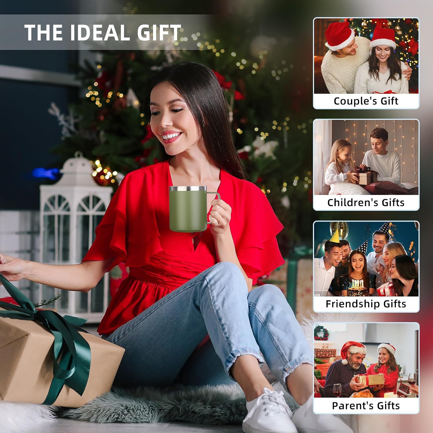 Volhoply listing image titled The Ideal Gift showing a woman beside a Christmas tree holding the green mug, with Couple's, Children's, Friendship and Parent's Gift panels