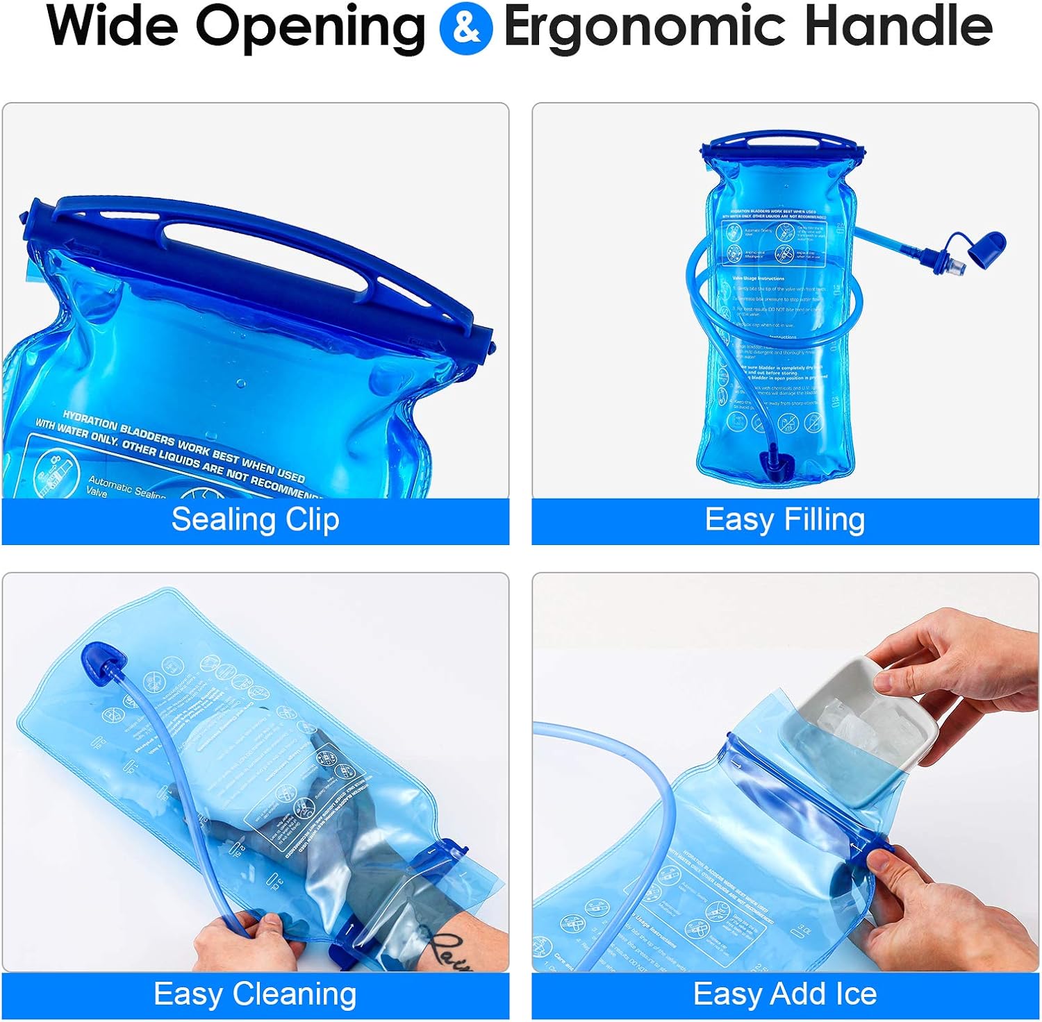 Four-panel listing graphic headed Wide Opening and Ergonomic Handle showing the sealing clip, easy filling, a hand cleaning inside the opened bag and ice being tipped in from a tray