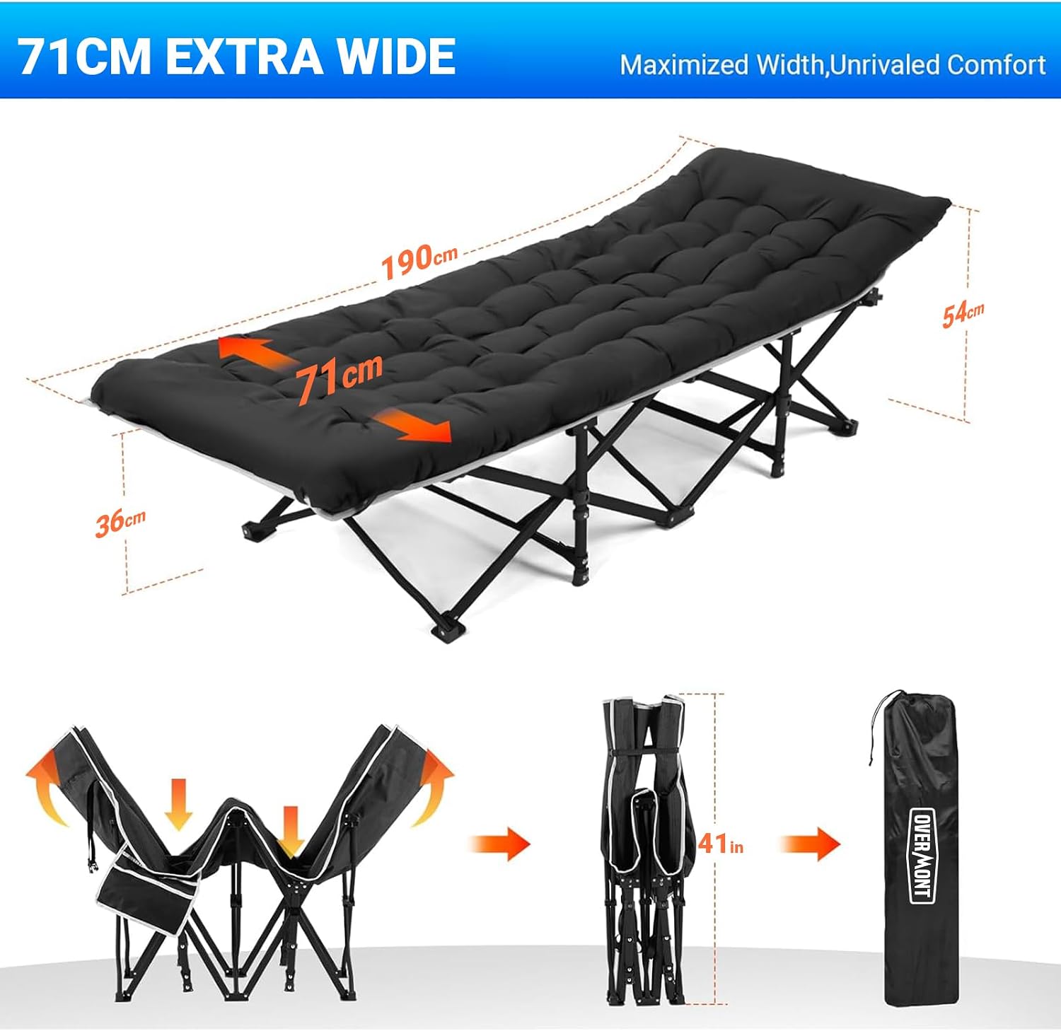Dimension diagram of the Overmont camp bed showing 190cm length, 71cm width, 36cm deck height, 54cm head end height and 41 inch folded size