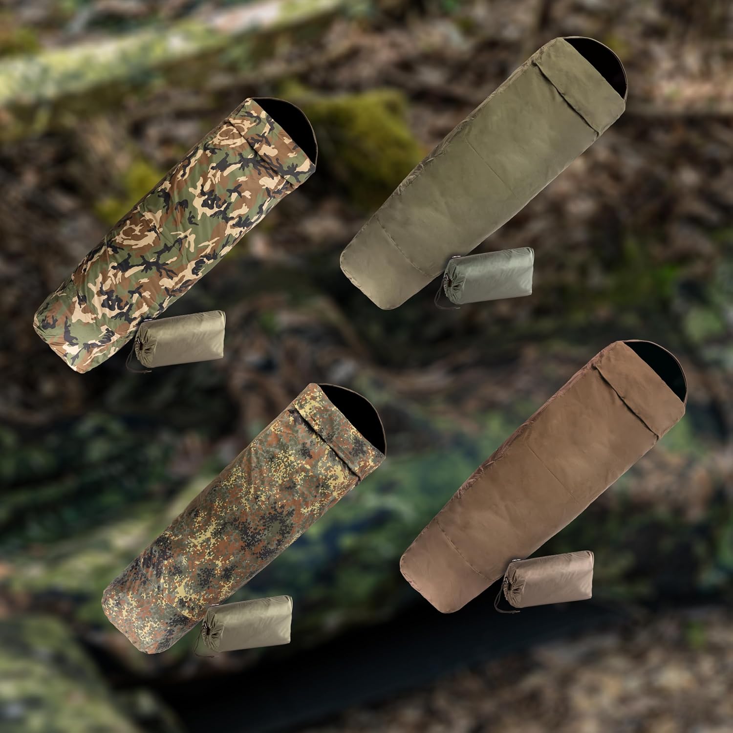Four colour options of the Mil-Tec sleeping bag cover: woodland camouflage, olive green, flecktarn and coyote brown, each with its stuff sack