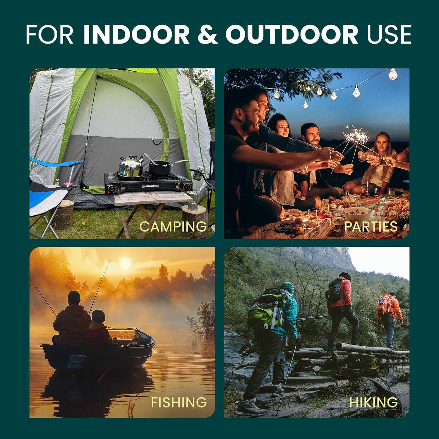 Four panel image showing Green Haven stove use scenarios including camping, parties, fishing, and hiking