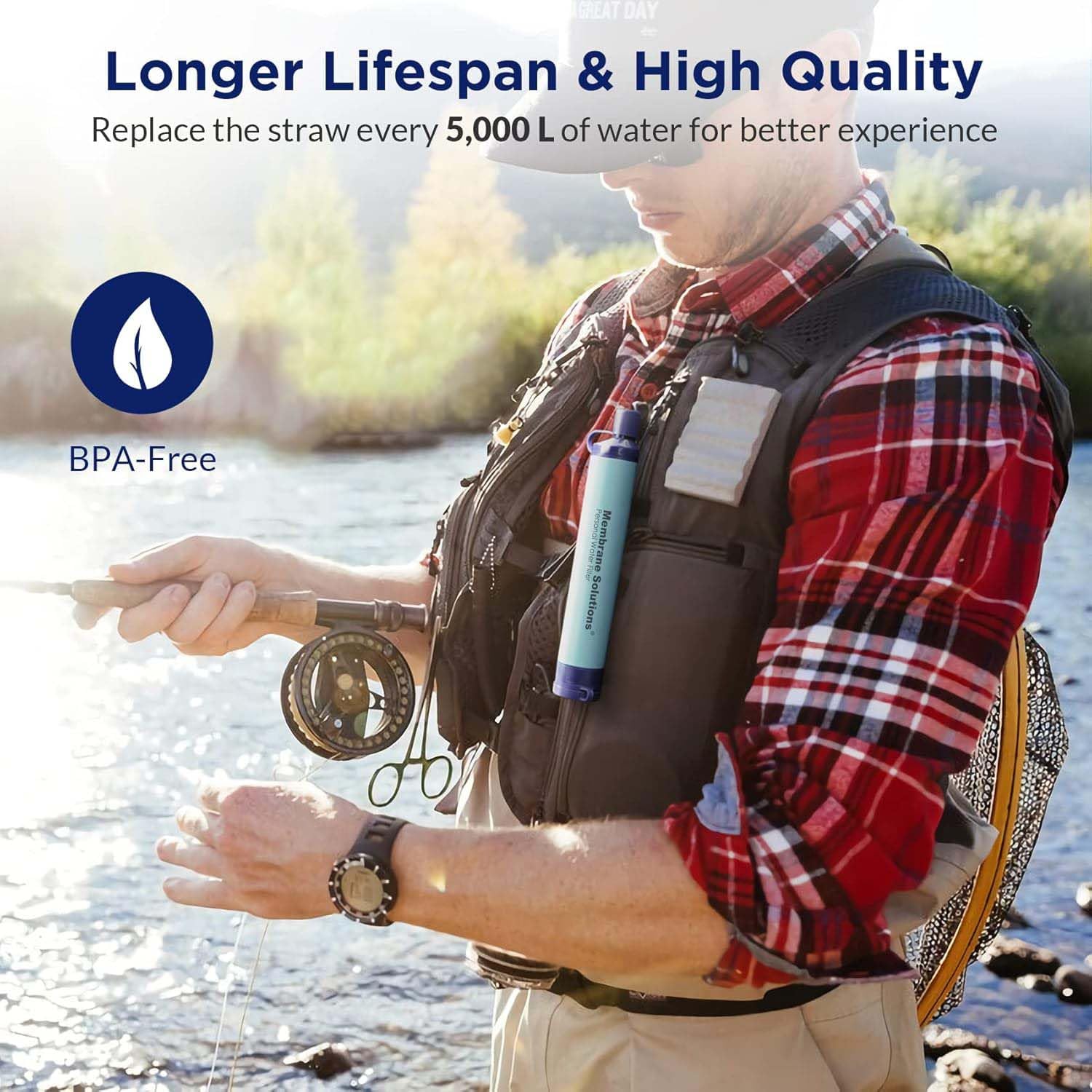 Angler carrying the filter straw in a chest pocket beside a river