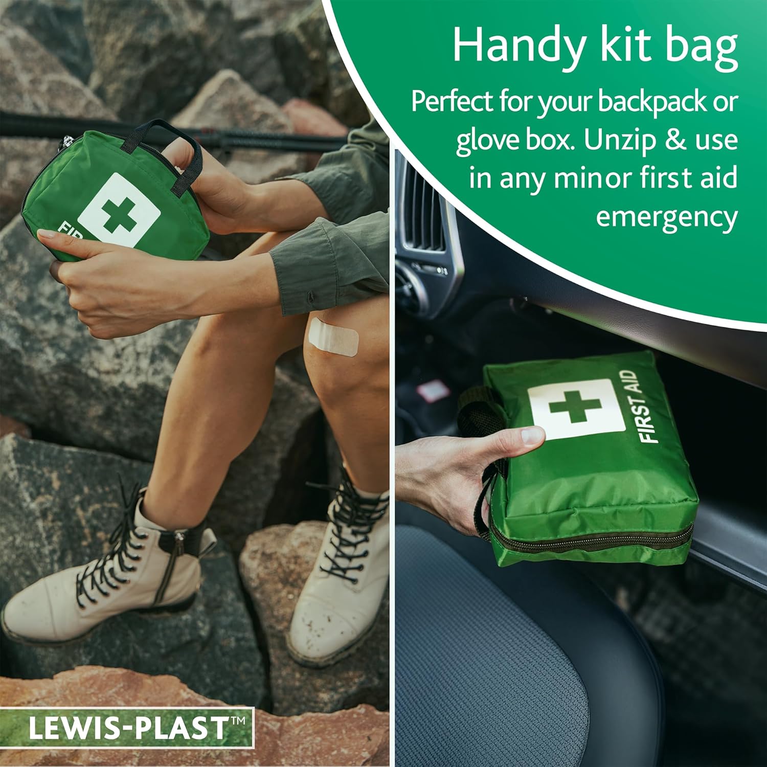 Close-up showing the texture and quality of the bandages and wound care supplies inside the first aid kit